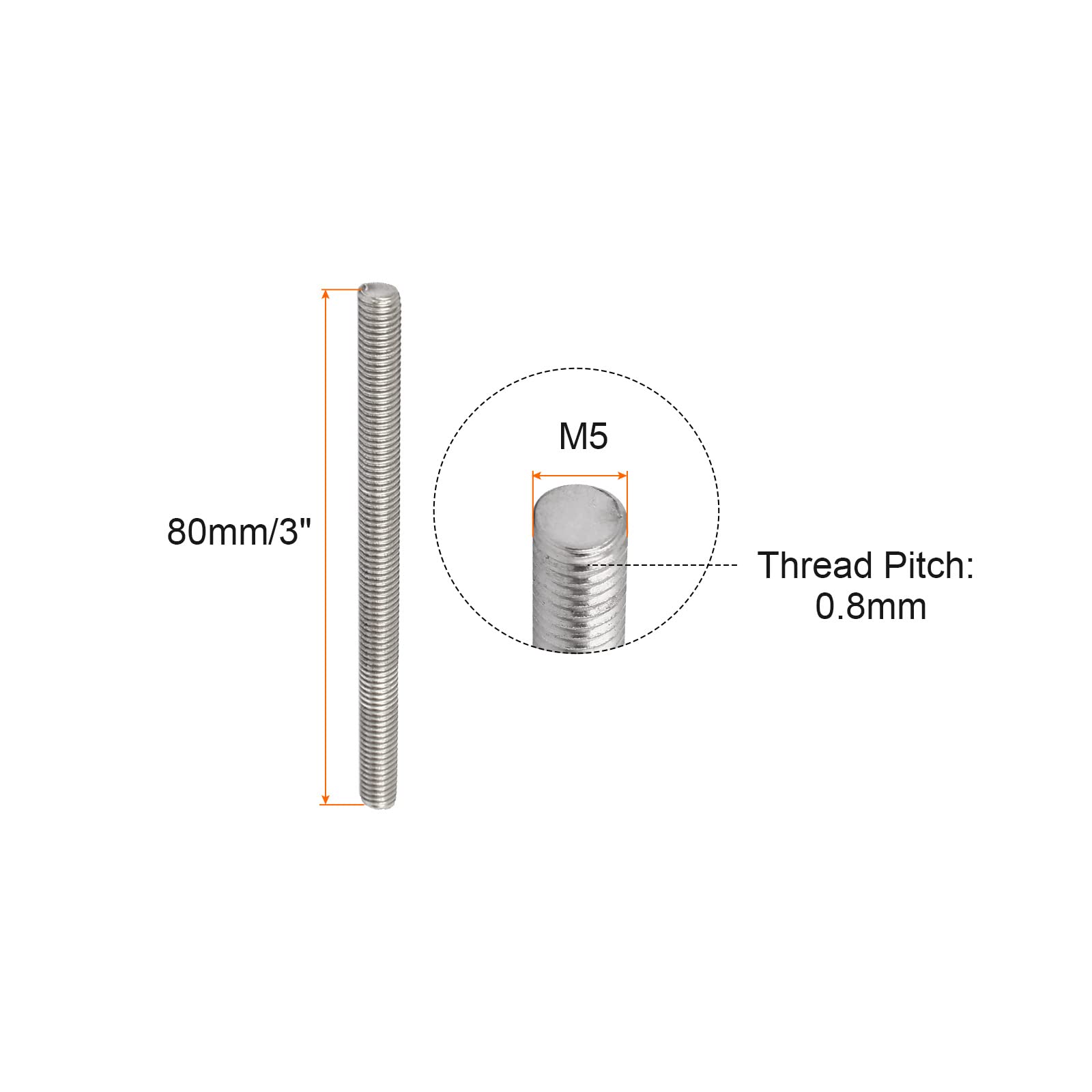 Stainless Steel Threaded Rod M5x80mm - 10 Pack for Clamps & U-Bolts