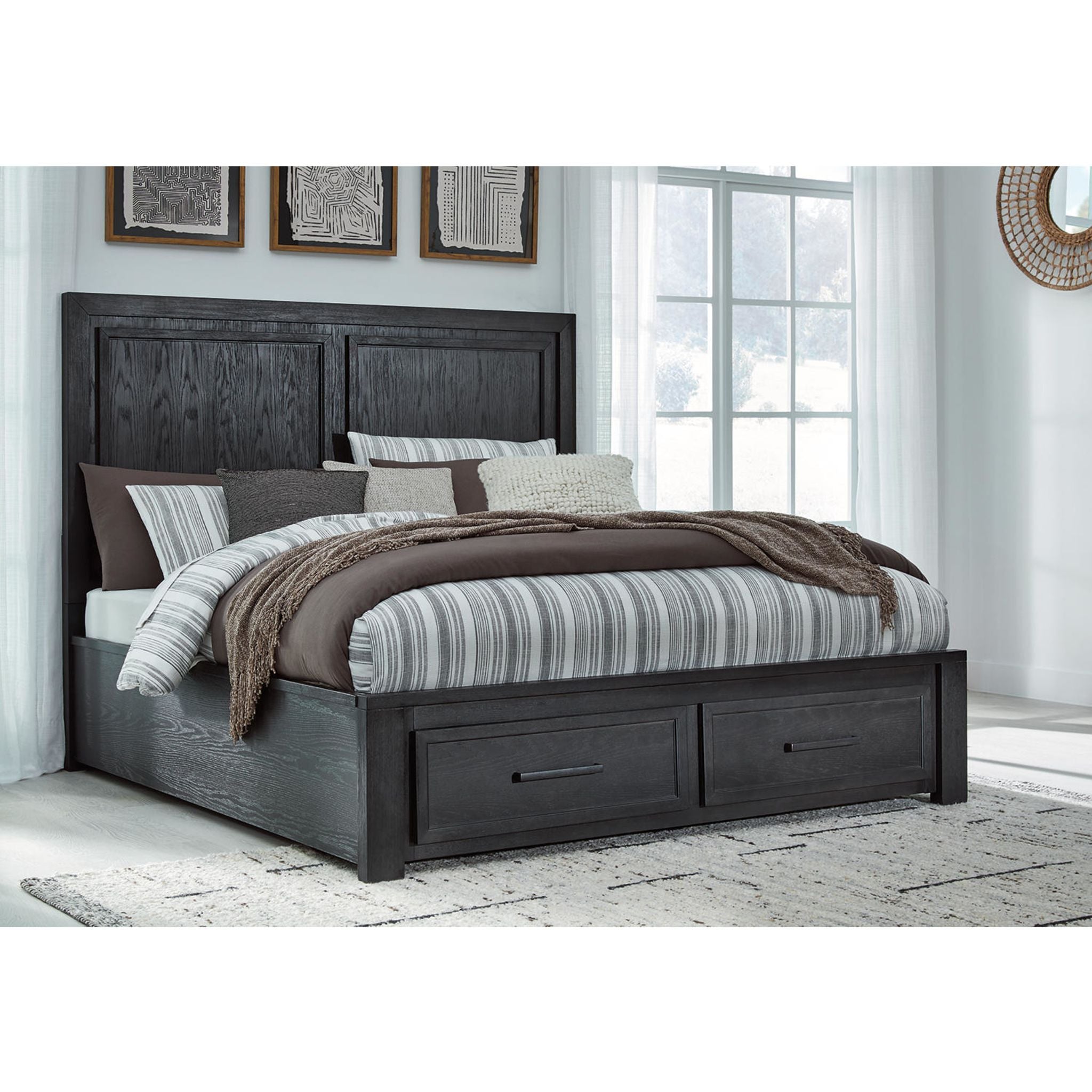 Foyland Queen Size Bed Frame - Black & Brown Wooden Platform Bed with Headboard | Modern Bedroom Furniture for Home & Guest Room