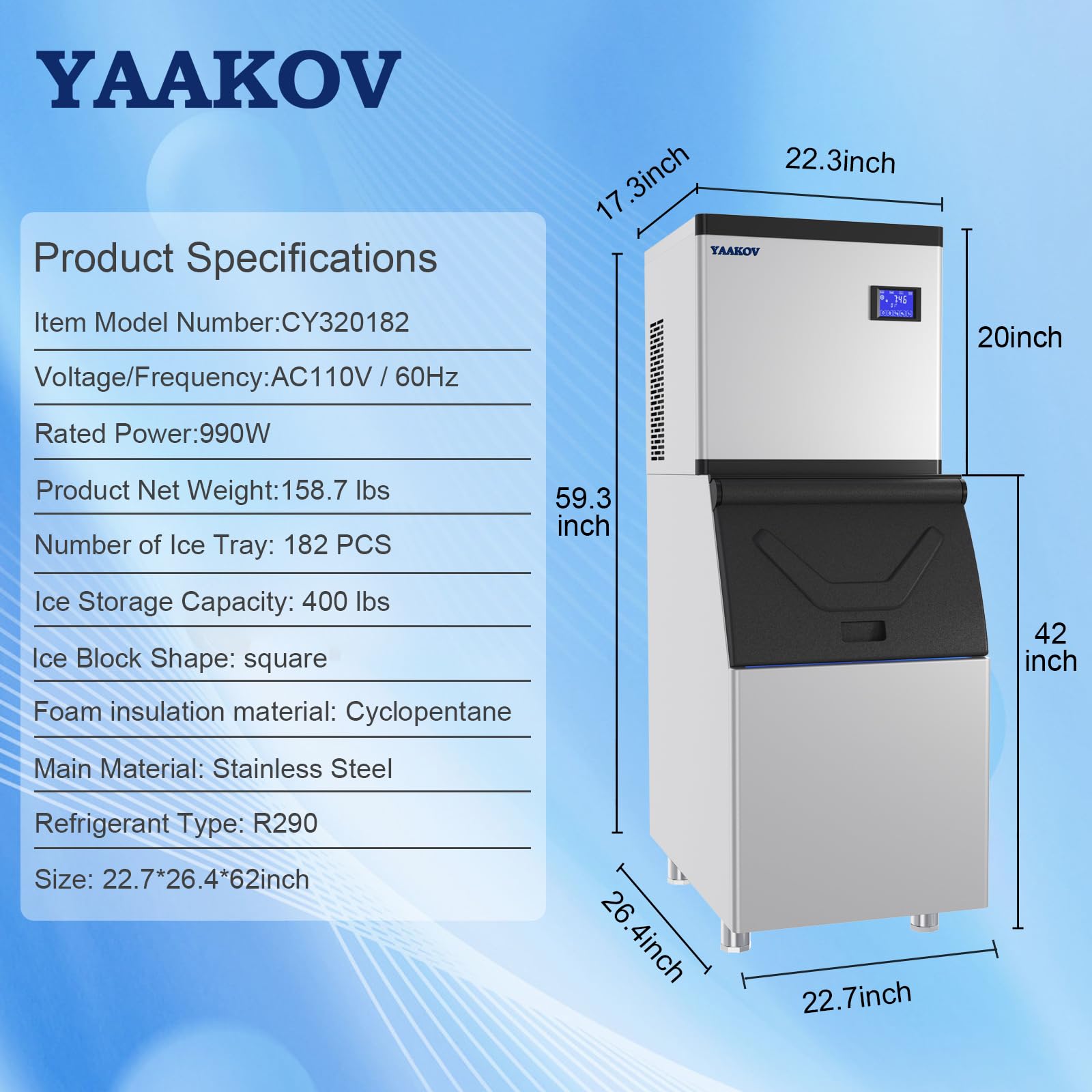 YAAKOV 550LBS/24H Commercial Ice Maker Machine with 400LBS Storage Bin - 22