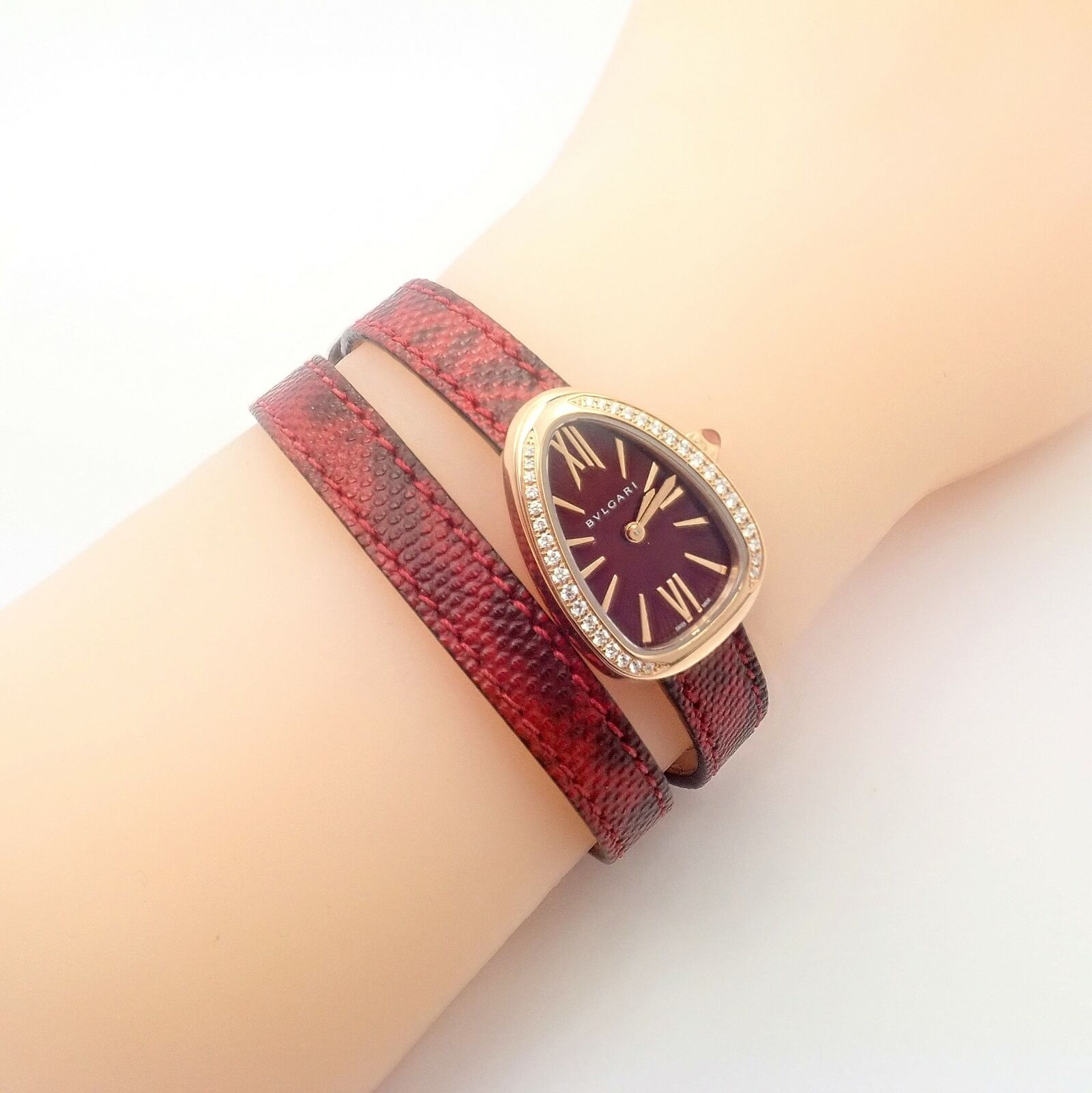 Bulgari Serpenti 18k Rose Gold Diamond Tubogas Watch with Red Snake Band & Tool - Luxury Women's Jewelry for Gifts & Special Occasions