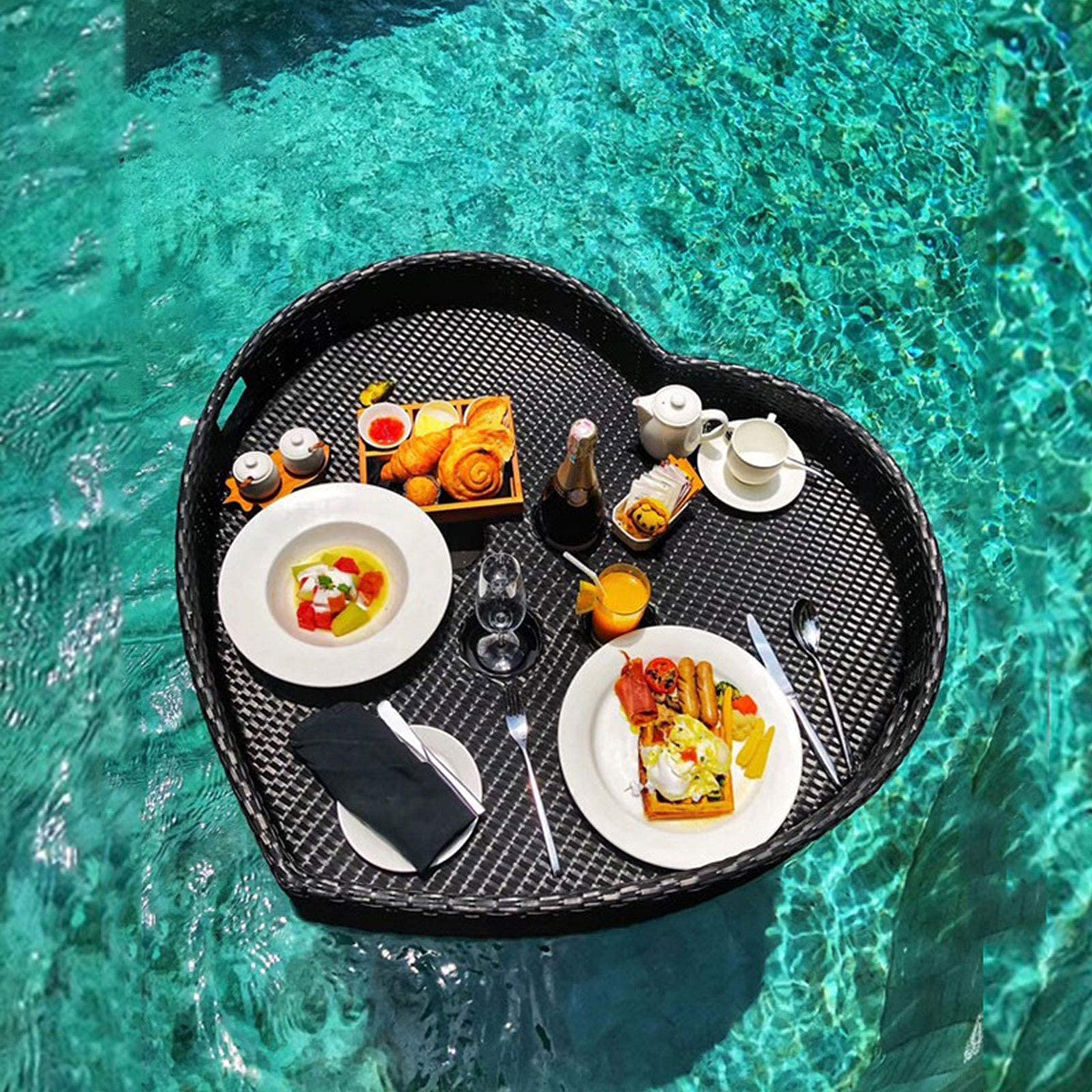 Round Rattan Serving Tray with Handle - Waterproof Floating Tray for Pool, Breakfast & Tea - Sturdy 33x32x6 Inch Rattan Platter for Parties, Weddings & Photography - Perfect for Outdoor Dining, Beach Decor & Home Entertaining