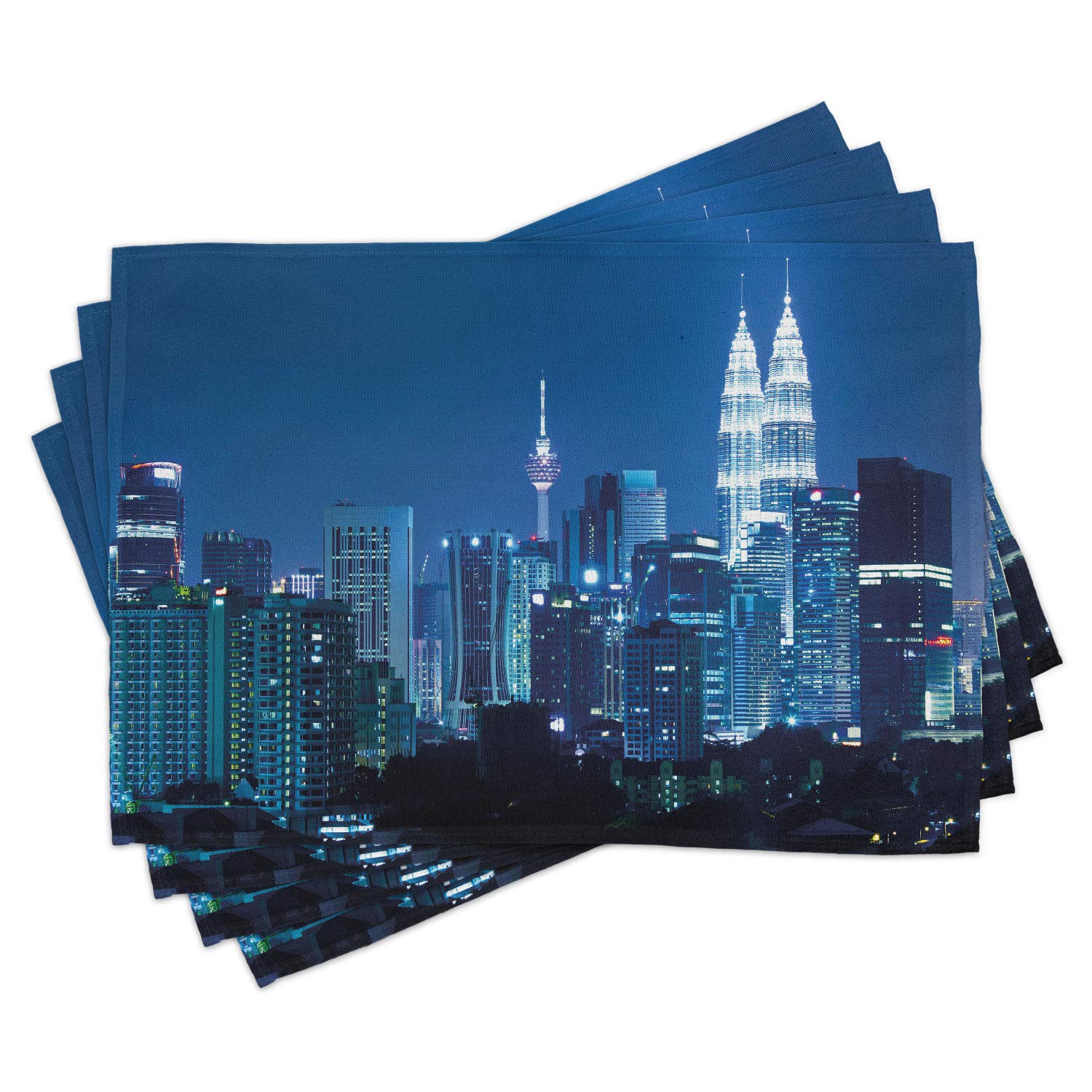 Ambesonne 4-Pack Kuala Lumpur Skyline Placemats - Monochrome KLCC Twin Towers Design, Washable Fabric Table Mats for Dining Room & Kitchen Decor (Navy Black) | Perfect for Dinner Parties, Home Decor & Gift Giving
