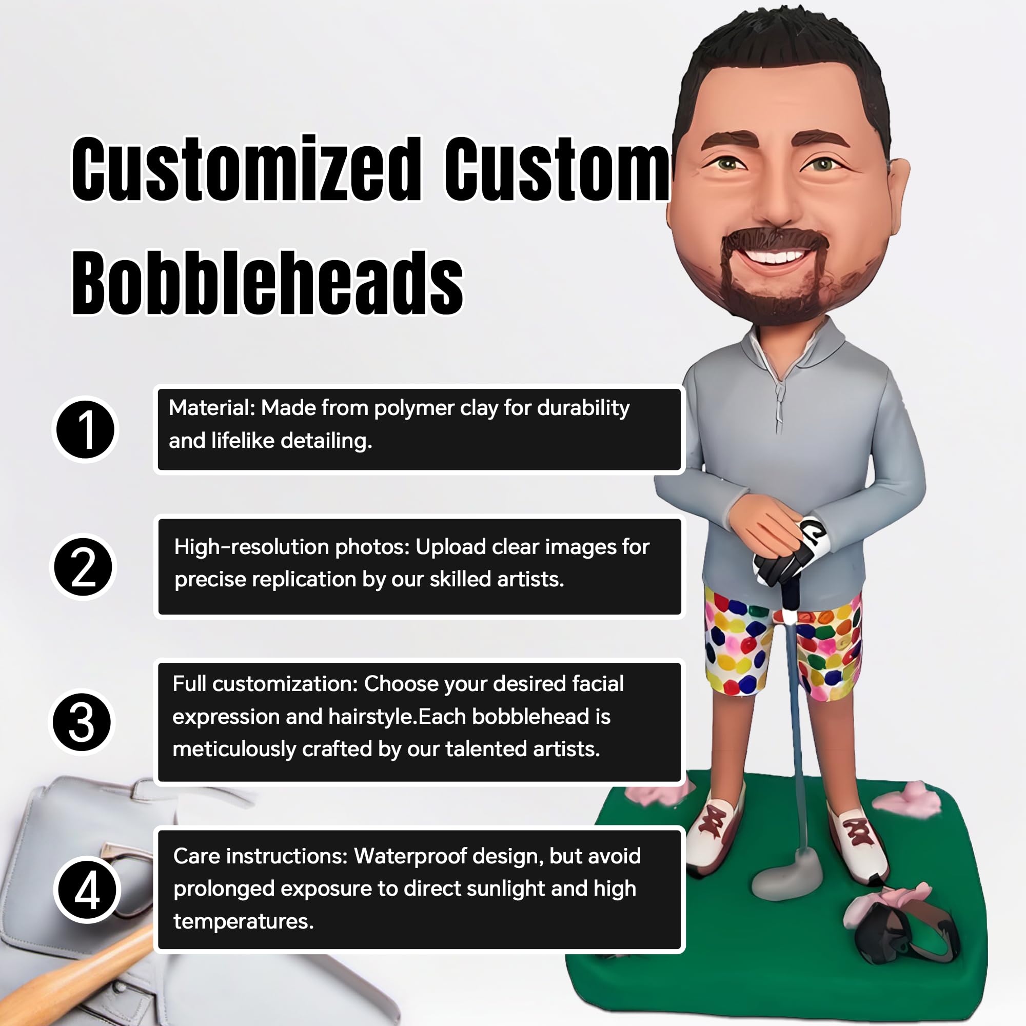 Custom Golfer Bobbleheads - Personalized Handcrafted Golf Player Figurines with Floral Shorts | Unique Gift for Golf Lovers | Perfect for Birthdays, Father's Day & Office Decor