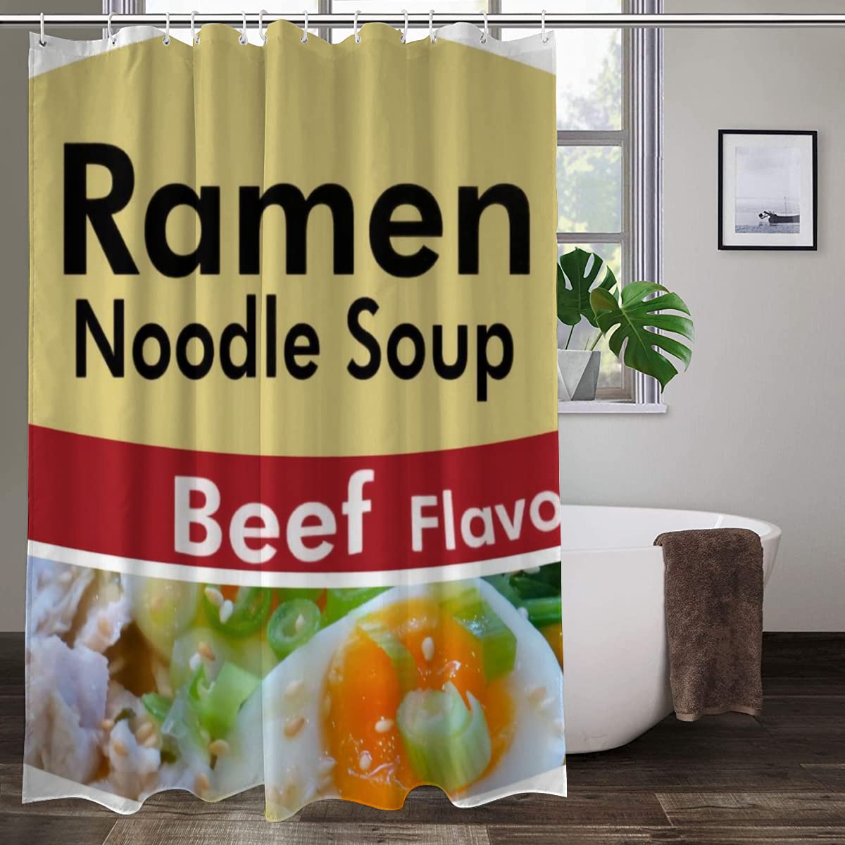 Beef Ramen Noodle Soup Themed Waterproof Shower Curtain - Durable Quick-Drying Heavyweight Fabric with 12 Hooks & Grommets, 72x80 Inch for Bathroom Decor - Perfect for Anime Fans, Ramen Lovers & Unique Bathroom Design