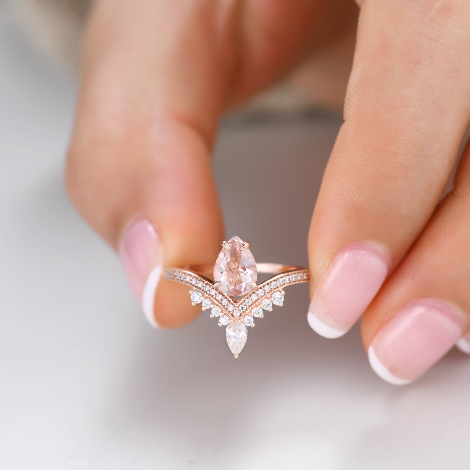 5x7mm Pear Cut Morganite Engagement Ring with Diamond Accents - Unique Wedding Gift for Her, Perfect for Proposals & Anniversaries