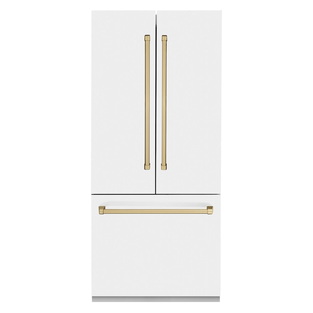 ZLINE Autograph Edition 36 Inch French Door Built-In Refrigerator with Bottom Freezer - 19.6 cu.ft Capacity, Water Dispenser & Ice Maker - White Matte Finish with Champagne Bronze Accents (RBIVZ WM 36 CB) - Perfect for Modern Kitchens and Open-Concept Homes