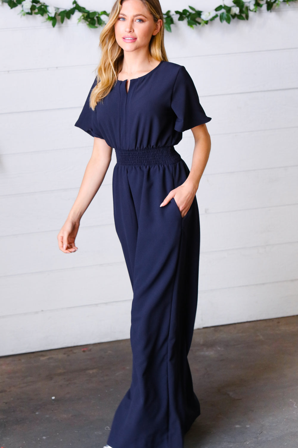 Dark Blue Smocked Waist Notch Neck Crepe Jumpsuit for Women - Elegant Party Outfit & Summer Casual Wear