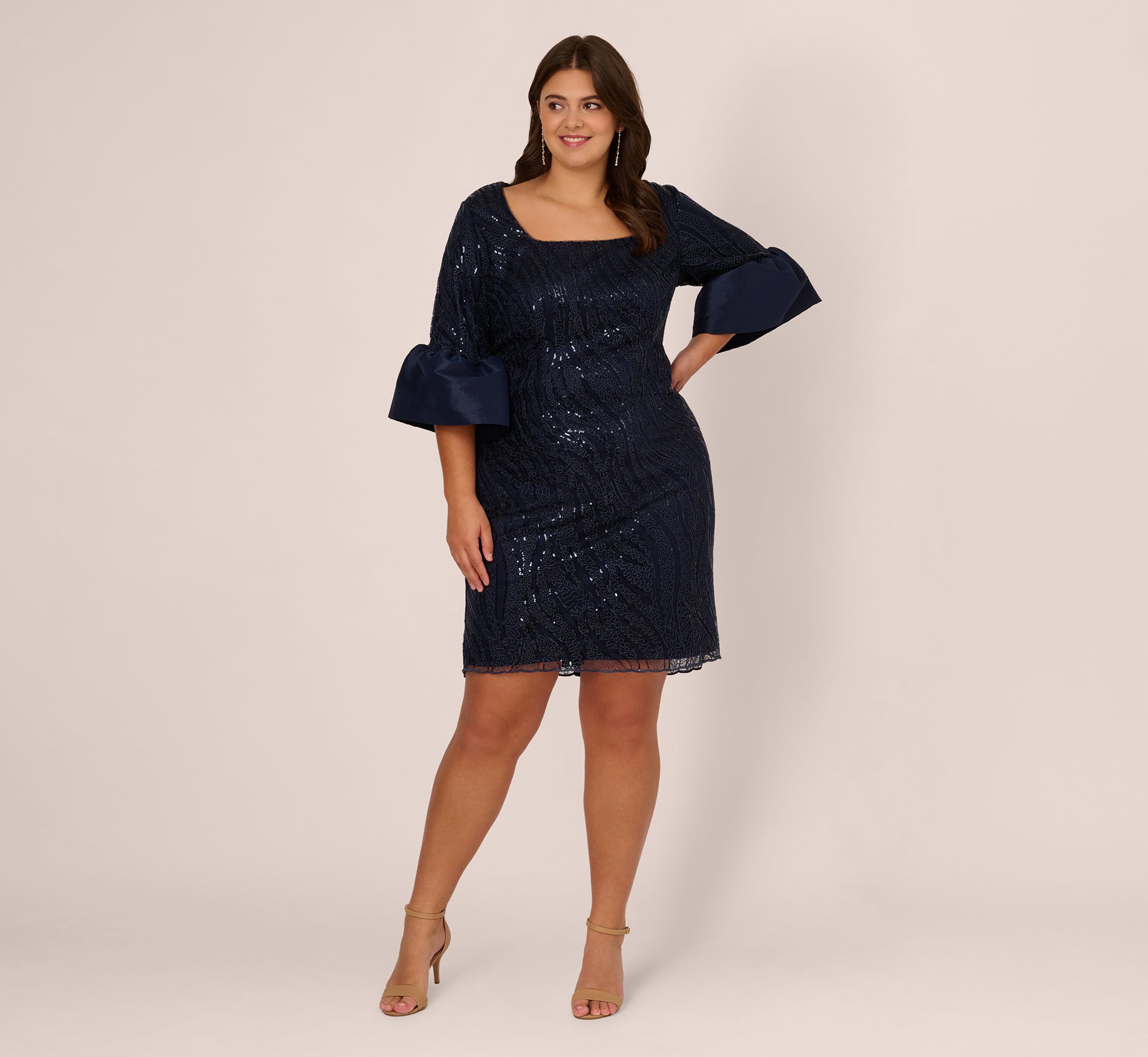 Elegant Plus Size Sequin Embroidered Evening Dress with Taffeta Bell Sleeves in Midnight Blue - Perfect for Prom, Wedding Guest, and Special Occasions