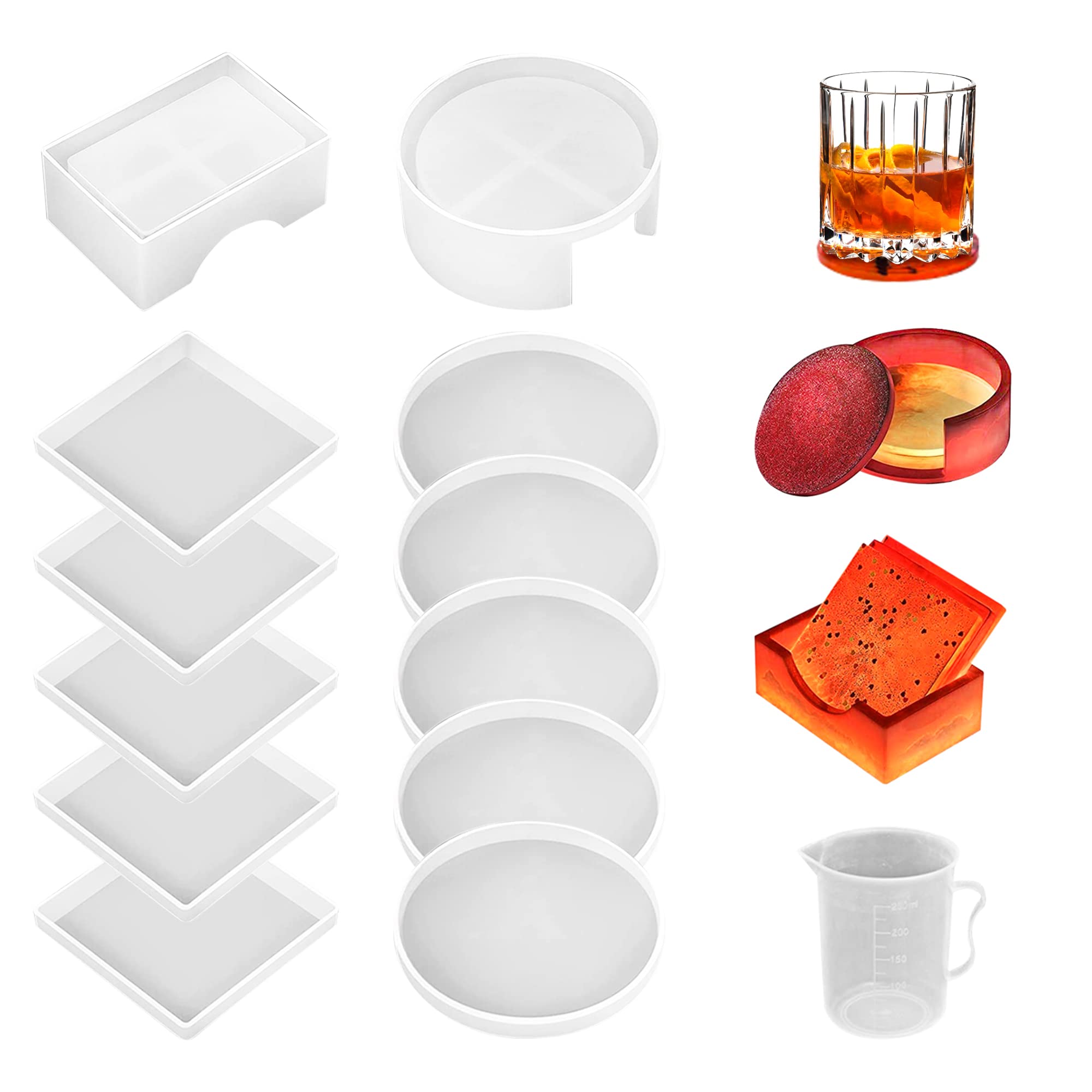 12-Piece Silicone Resin Coaster Molds Set with Measuring Cup - 5 Round & 5 Square DIY Epoxy Molds + 1 Round & 1 Square Resin Holder Mold for Crafting, Home Decor, and Unique Gift Making