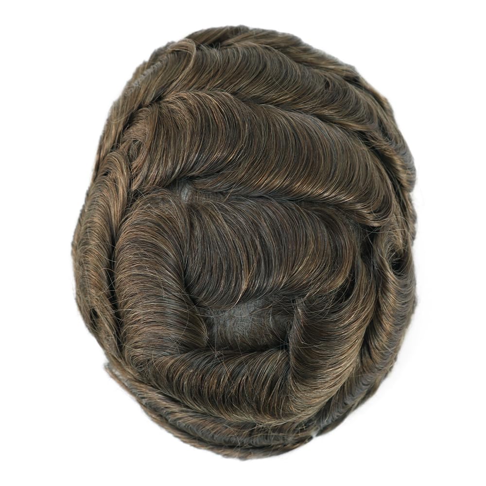 Men's Human Hair Toupee - Ultra Thin Skin V Looped Light Brown #7 Hair Replacement System | Natural Looking Hairpiece for Baldness & Thinning Hair | Perfect for Daily Wear, Weddings & Special Events