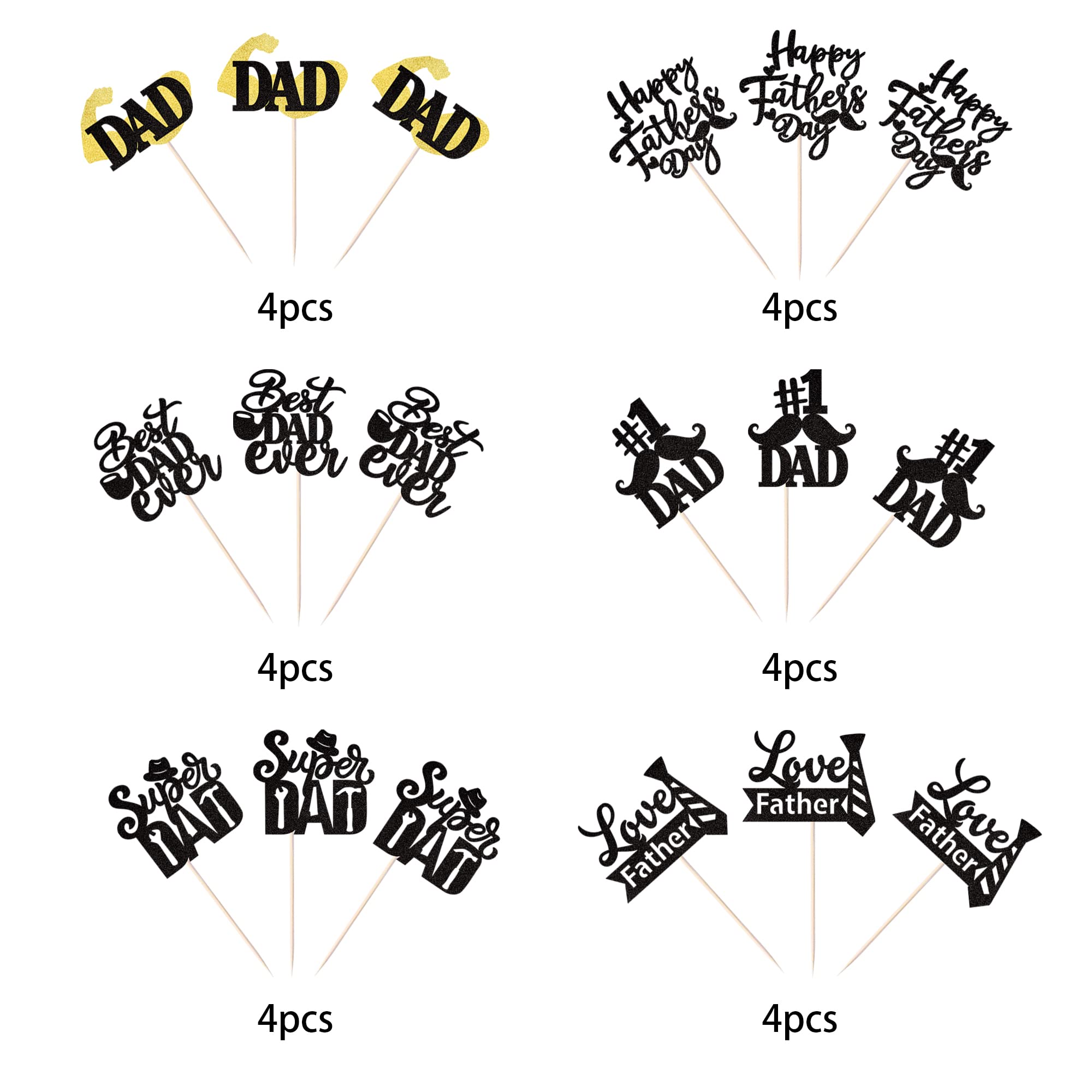 24 Pack Happy Father's Day Cupcake Toppers - Glitter #1 Dad Ever Cake Decorations with Tie, Mustache, Hat & Glass Picks - Perfect for Father's Day Parties, Men's Birthday Celebrations & DIY Cake Decorating