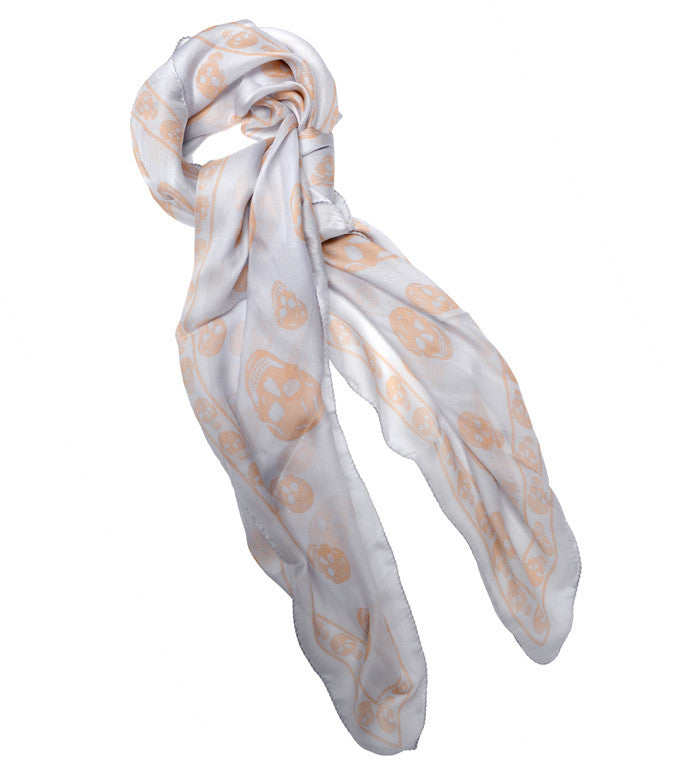 Classic Skull Print Silk Chiffon Scarf - Sky Blue & Blush Pink | Gothic Fashion Accessory for Women, Perfect for Halloween, Parties & Everyday Style