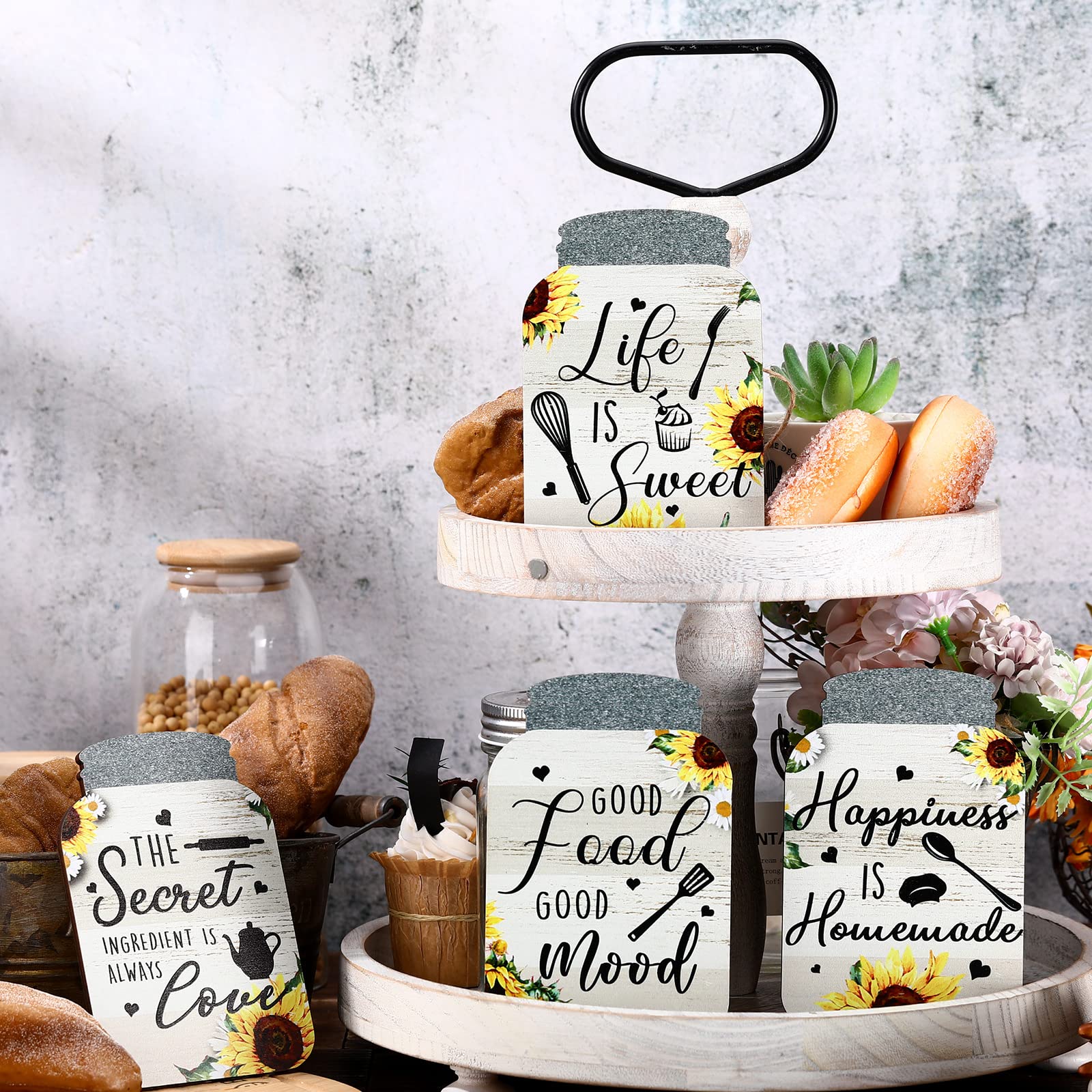 Qunclay 4-Piece Rustic Mason Jar Wall Decor - Farmhouse Kitchen Signs & Hanging Plaques (6x4in, Sunflower) for Home & Dining Room
