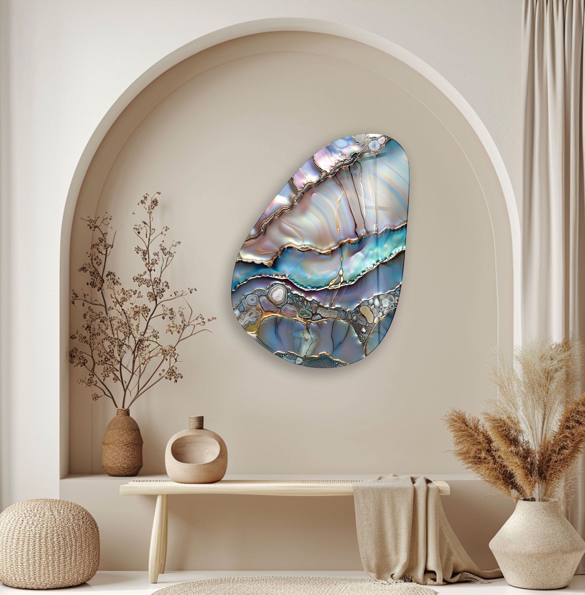 Handmade Asymmetrical Oval Shiny Epoxy Glass Wall Art - Modern Abstract Home Decor for Living Room, Bedroom & Office