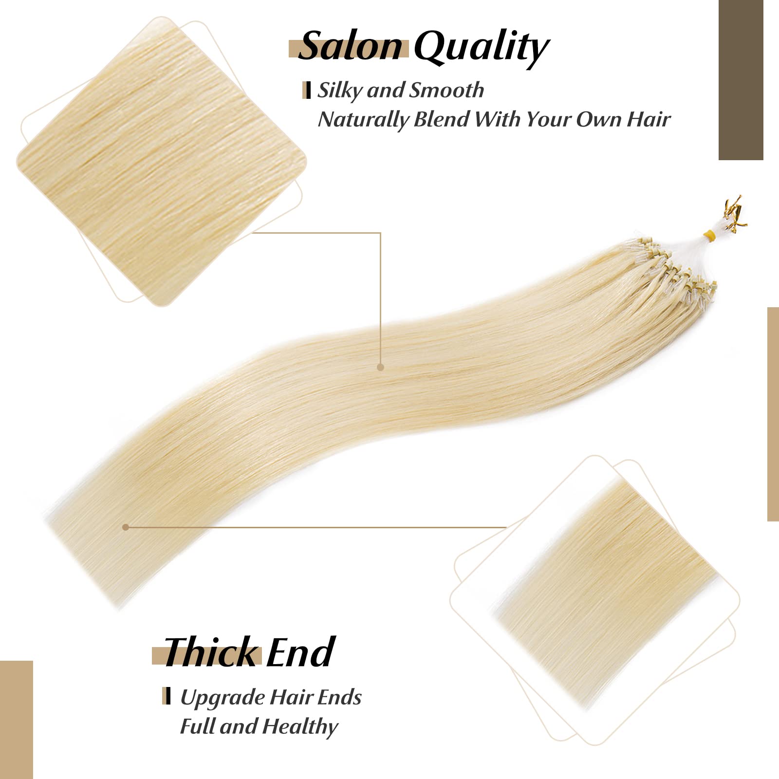 SEGO 14 Inch Bleach Blonde Micro Bead Hair Extensions - 100% Human Hair, 50g 100 Strands, Natural Straight Micro Loop & Ring Extensions for Cold Fusion (613#) - Perfect for Daily Wear, Parties & Special Occasions