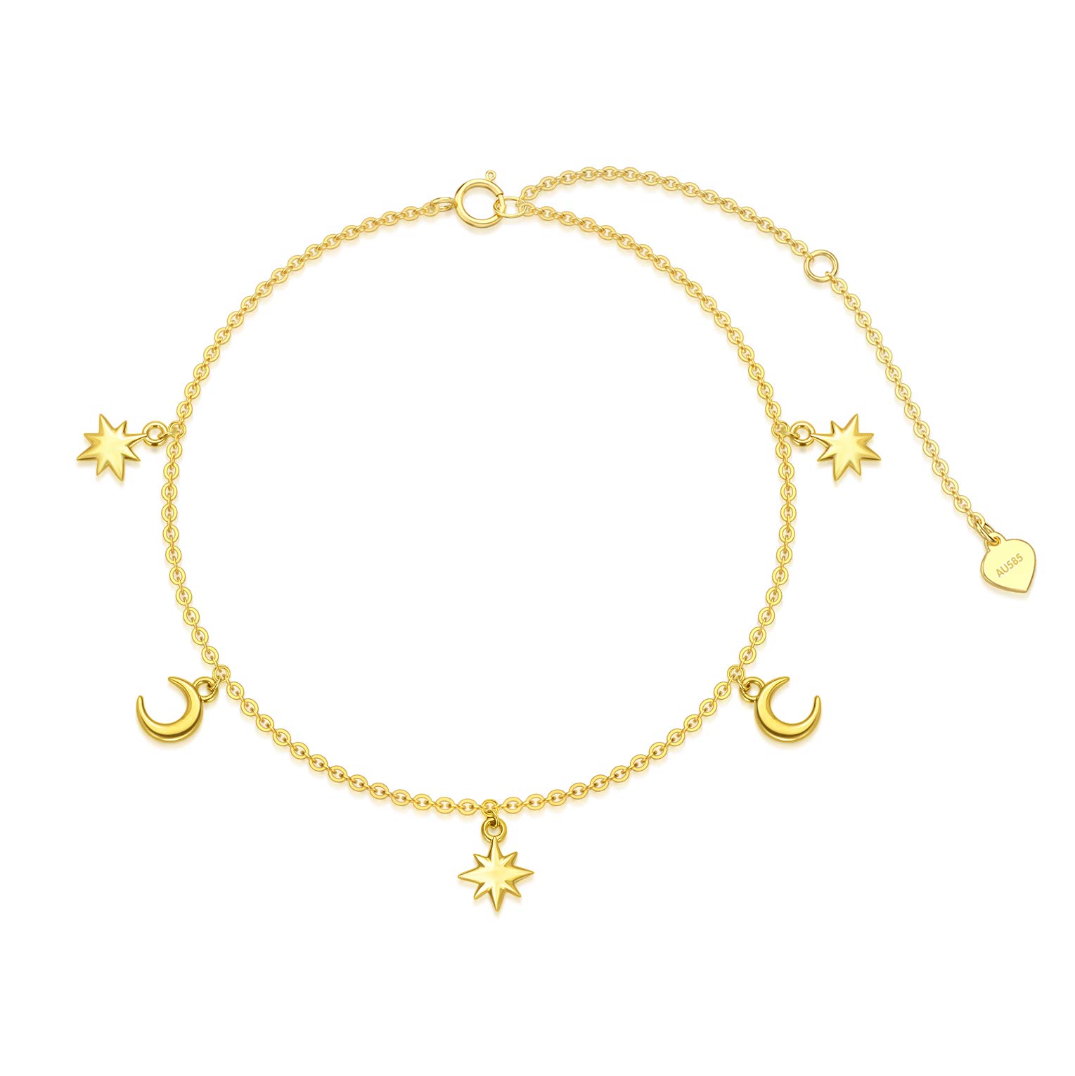 14K Solid Yellow Gold Star Moon Anklet for Women - Real Gold Ankle Bracelet with Tassel, Adjustable 8