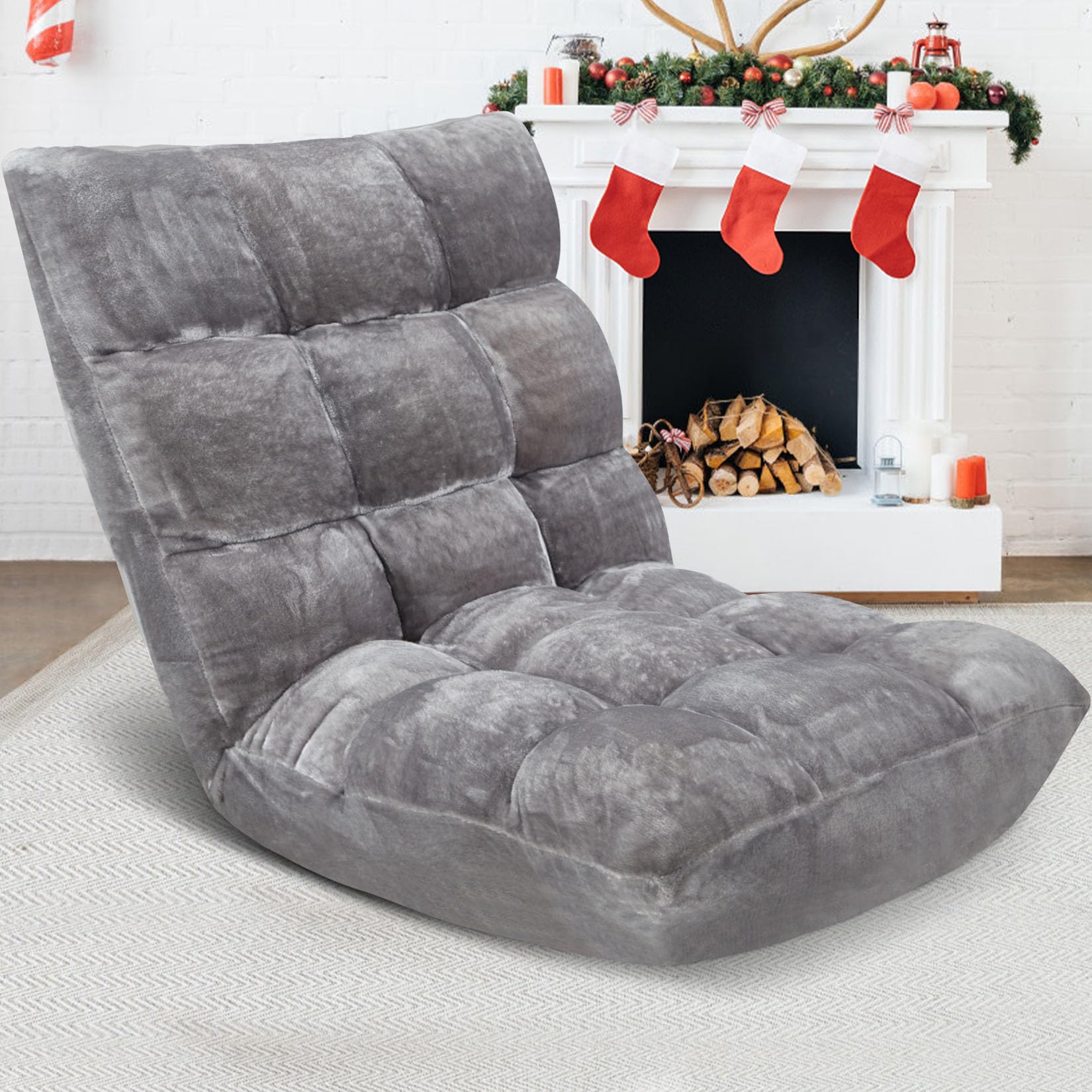 14-Position Adjustable Folding Floor Chair with Cushion - Breathable Cotton & Skin-Friendly Flannel - Perfect for Reading, Meditation, Yoga & Relaxing - Ideal for Adults & Kids - Grey Home Comfort Sofa Chair