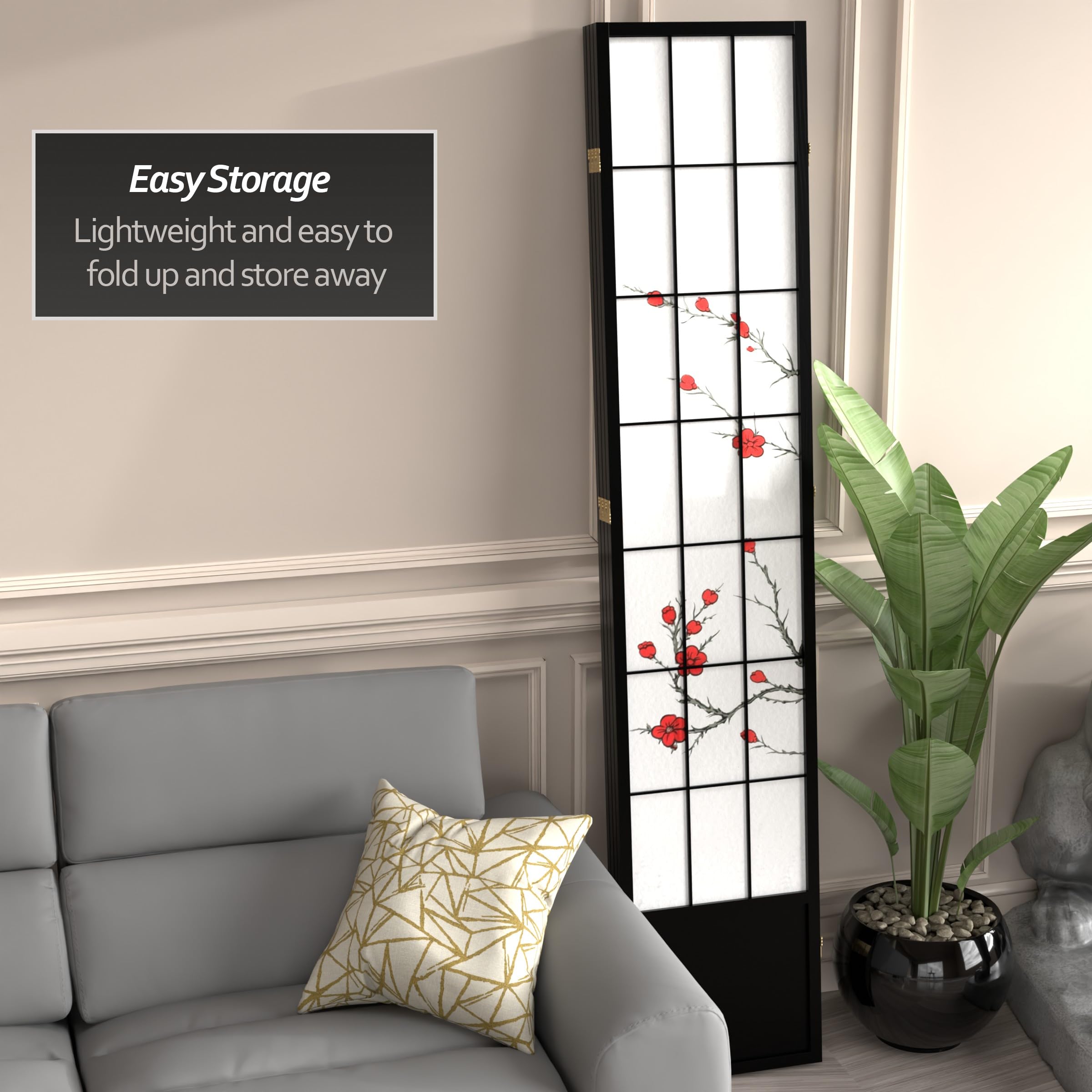 Red Lantern SS-84CBLSS-Black-4P 4-Panel Black Room Divider Screen - Perfect for Home Office, Living Room & Bedroom Privacy