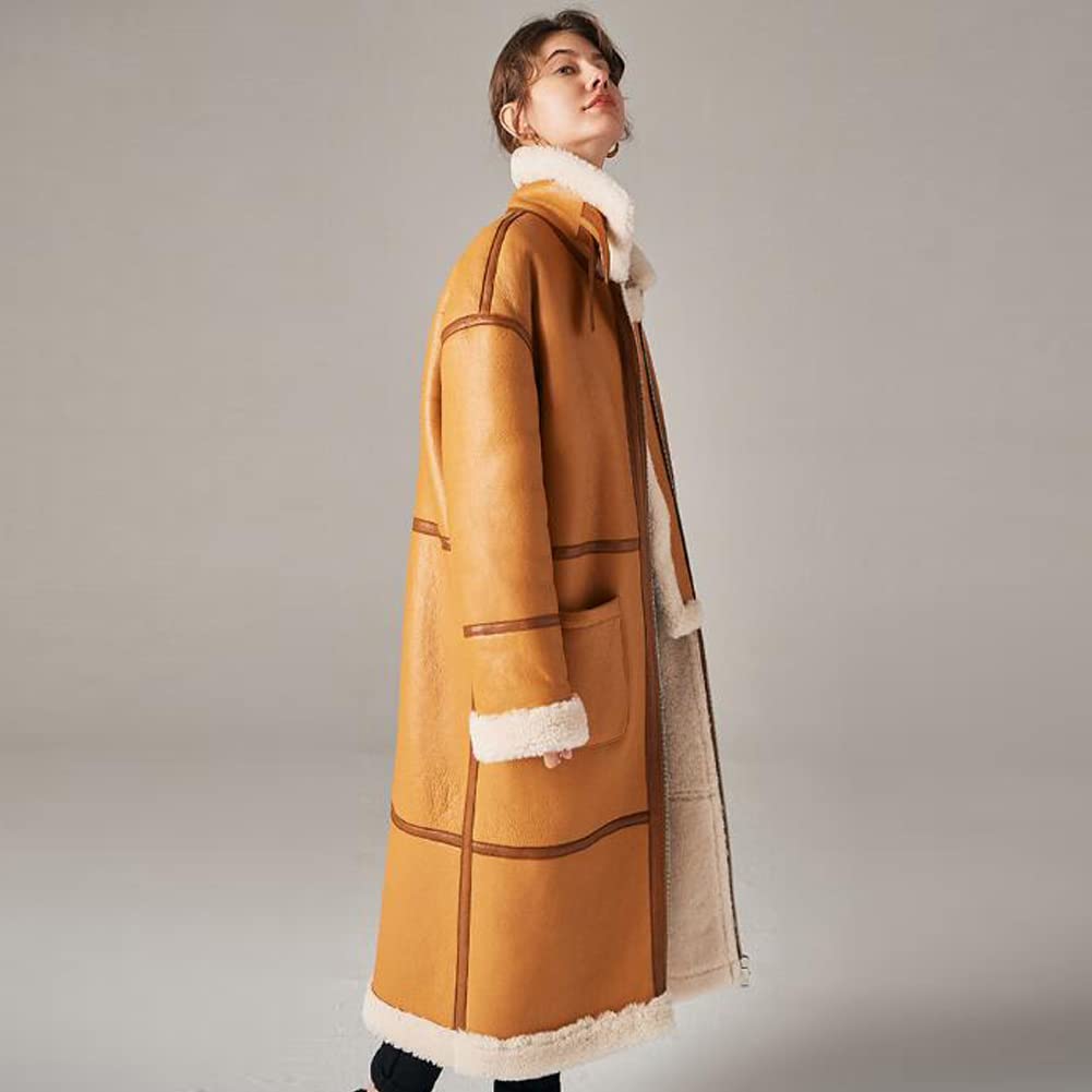 Denny & Dora Women's Shearling Bomber Jacket - Long Style Leather Overcoat with Faux Fur Lining | Winter Warm Coat for Women in Khaki | Perfect for Cold Weather, Outdoor Activities & Fashion Layering