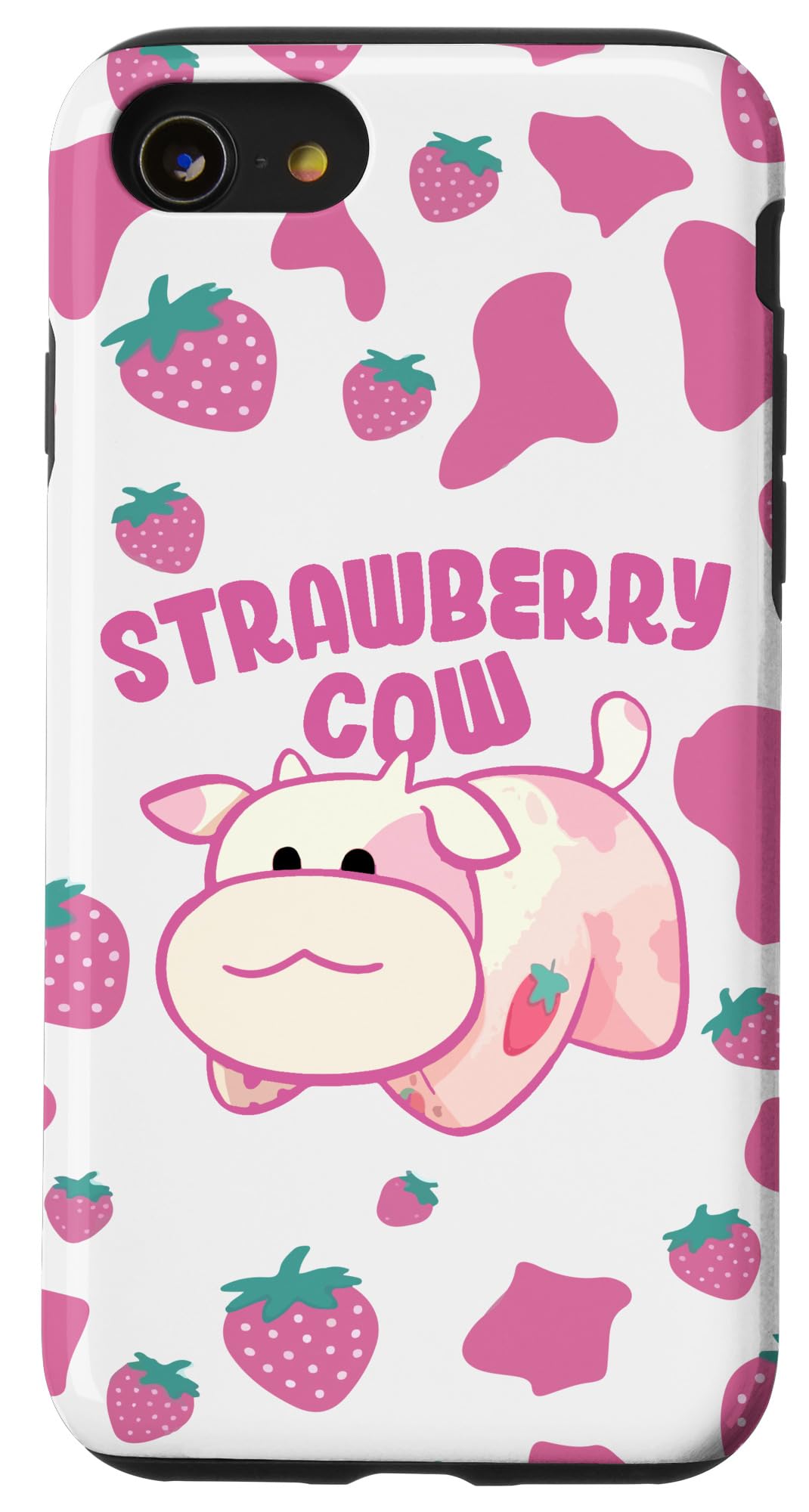Cute Pink Milk Strawberry Cow Animal Pattern Phone Case for iPhone SE (2020) / 7 / 8 - Soft Protective Cover for Girls, Teens & Women - Perfect for School, Work & Everyday Use