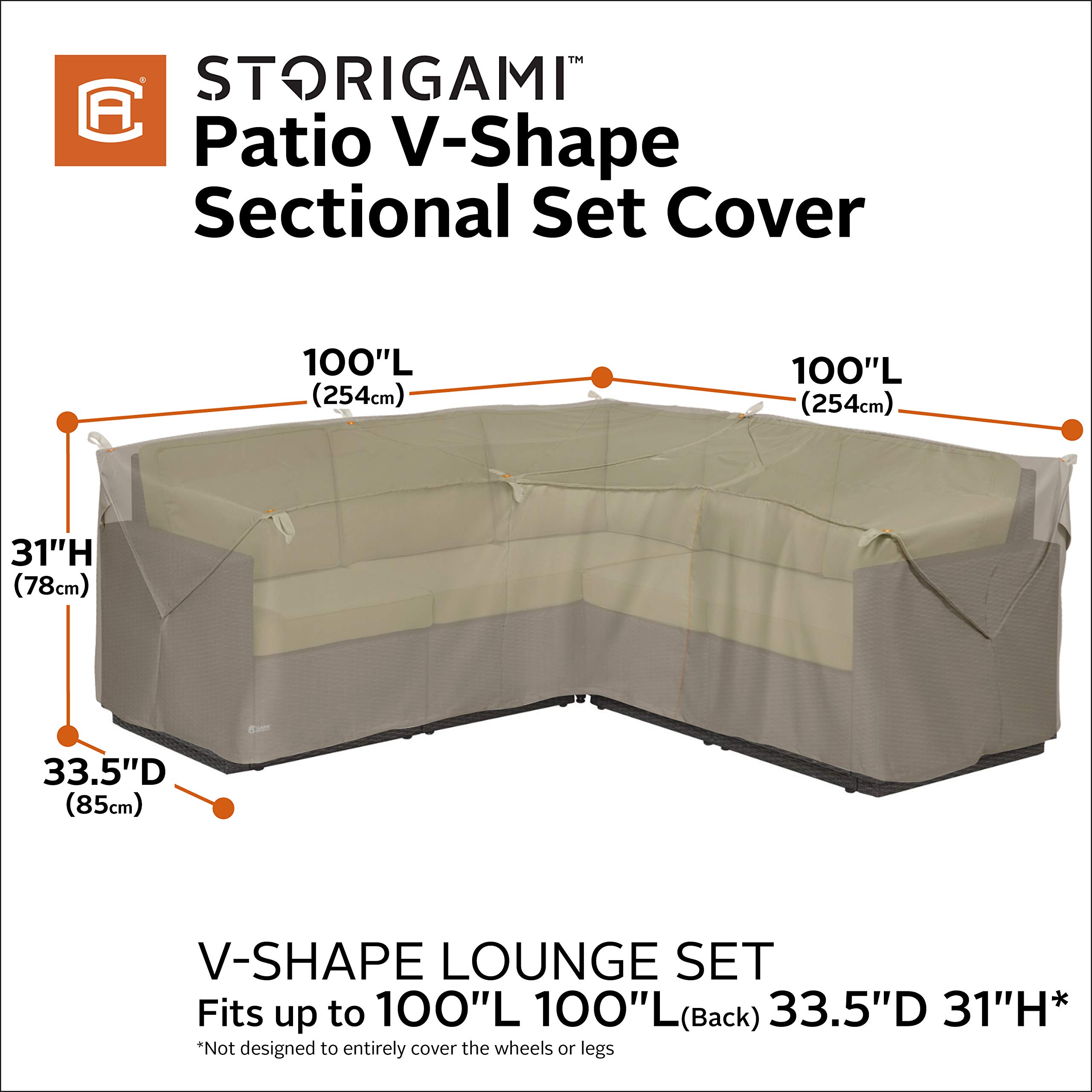 Storigami Water-Resistant 100 Inch V-Shaped Patio Sectional Lounge Cover - Easy Fold Furniture Protector in Goat Tan | Outdoor Sofa Set Cover for Rain, Snow & UV Protection