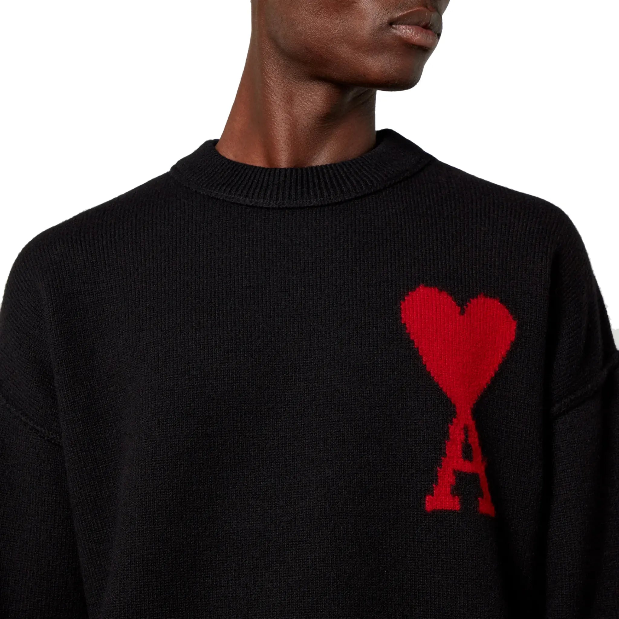 Ami Paris Red Ami De Coeur Logo Intarsia Off Black Sweatshirt for Men - Casual Pullover Hoodie for Streetwear & Everyday Fashion