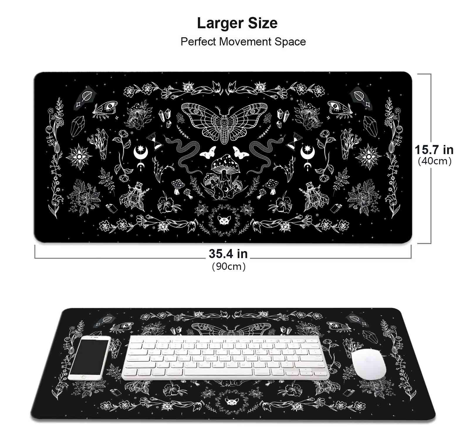 Gothic Large Mouse Pad - Black Occult XXL Desk Mat with Celestial Mushroom Design for Gaming & Office Use | Halloween Witchy Decor | Perfect Gift for Gamers & Office Workers