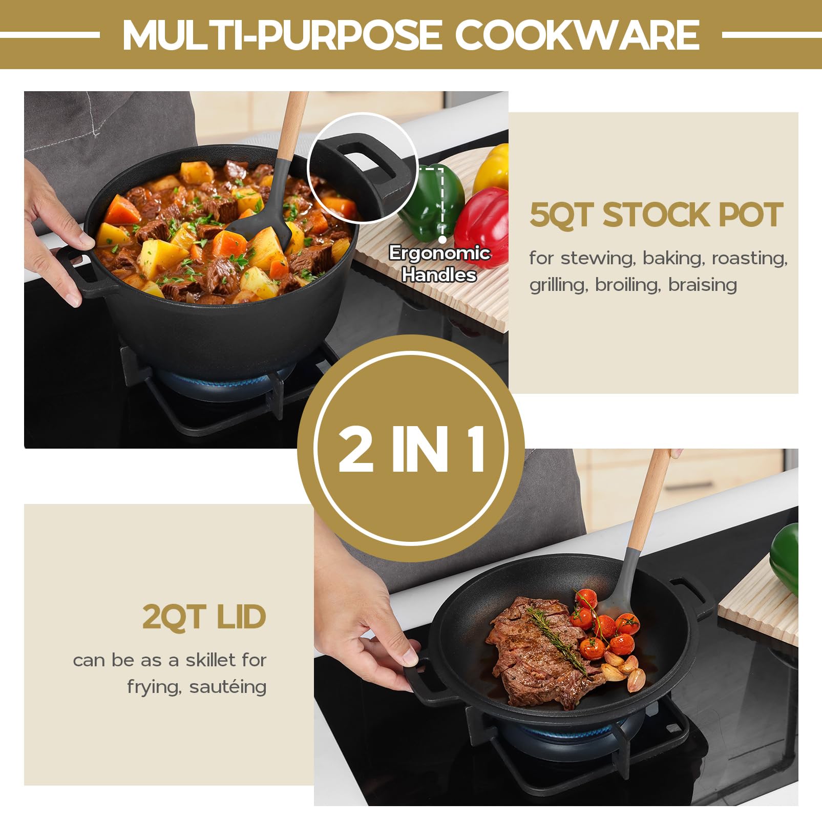 TeamFar 5QT Dutch Oven with Lid - Pre-Seasoned Cast Iron Cookware for Baking Bread, Soups & Stews | Oven, Stove & Campfire Safe | Perfect for Home Kitchens & Outdoor Cooking
