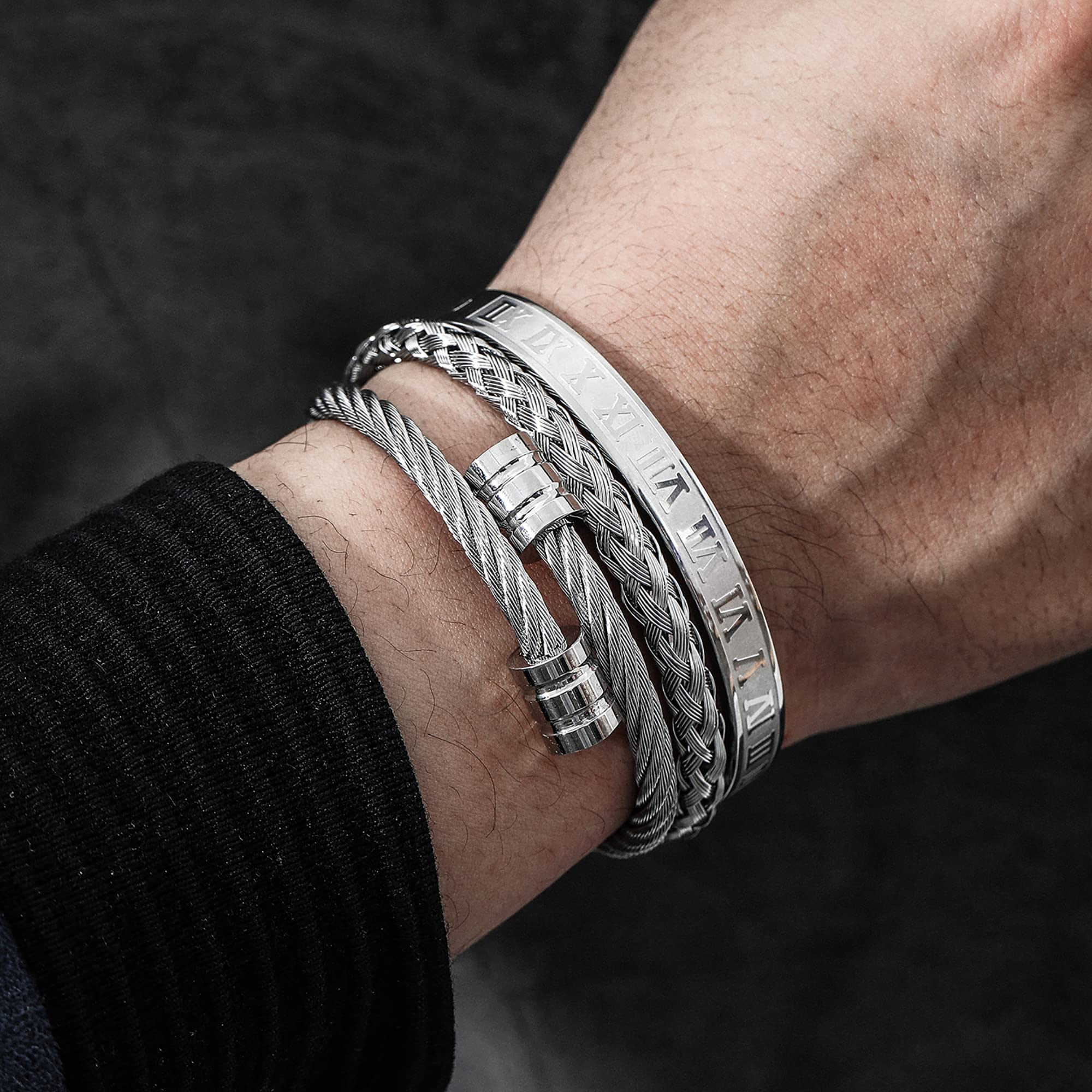 3PCS Stainless Steel Imperial Crown Bracelets for Men - Gold Roman Numeral Bangle, Adjustable Cuff Bracelet - Luxury Jewelry Gifts for Him - Perfect for Weddings, Parties & Special Occasions