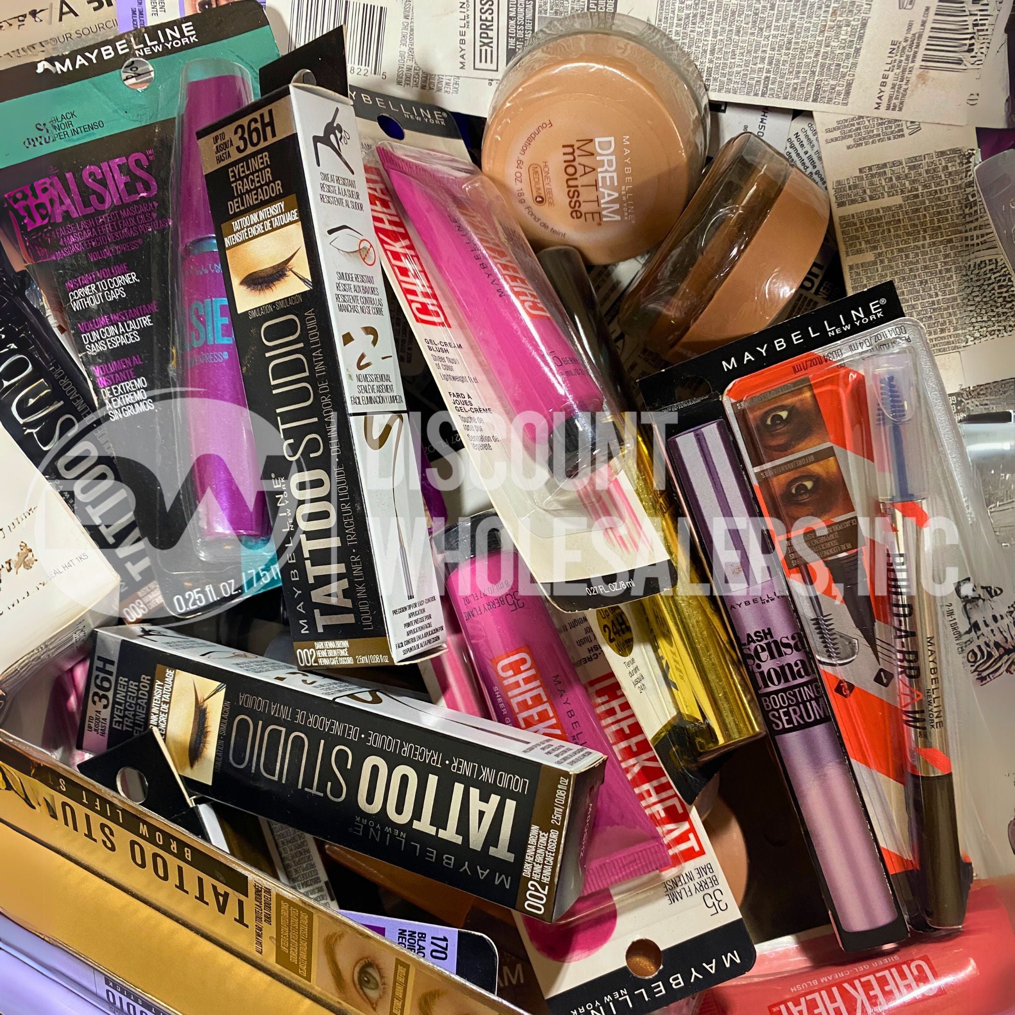 Maybelline Mascara, Eyeliner, Foundation & Liquid Ink Liner Set with Eyelash Curler - 100 Pcs Bulk Makeup Kit for Professional Salon & Home Beauty Use
