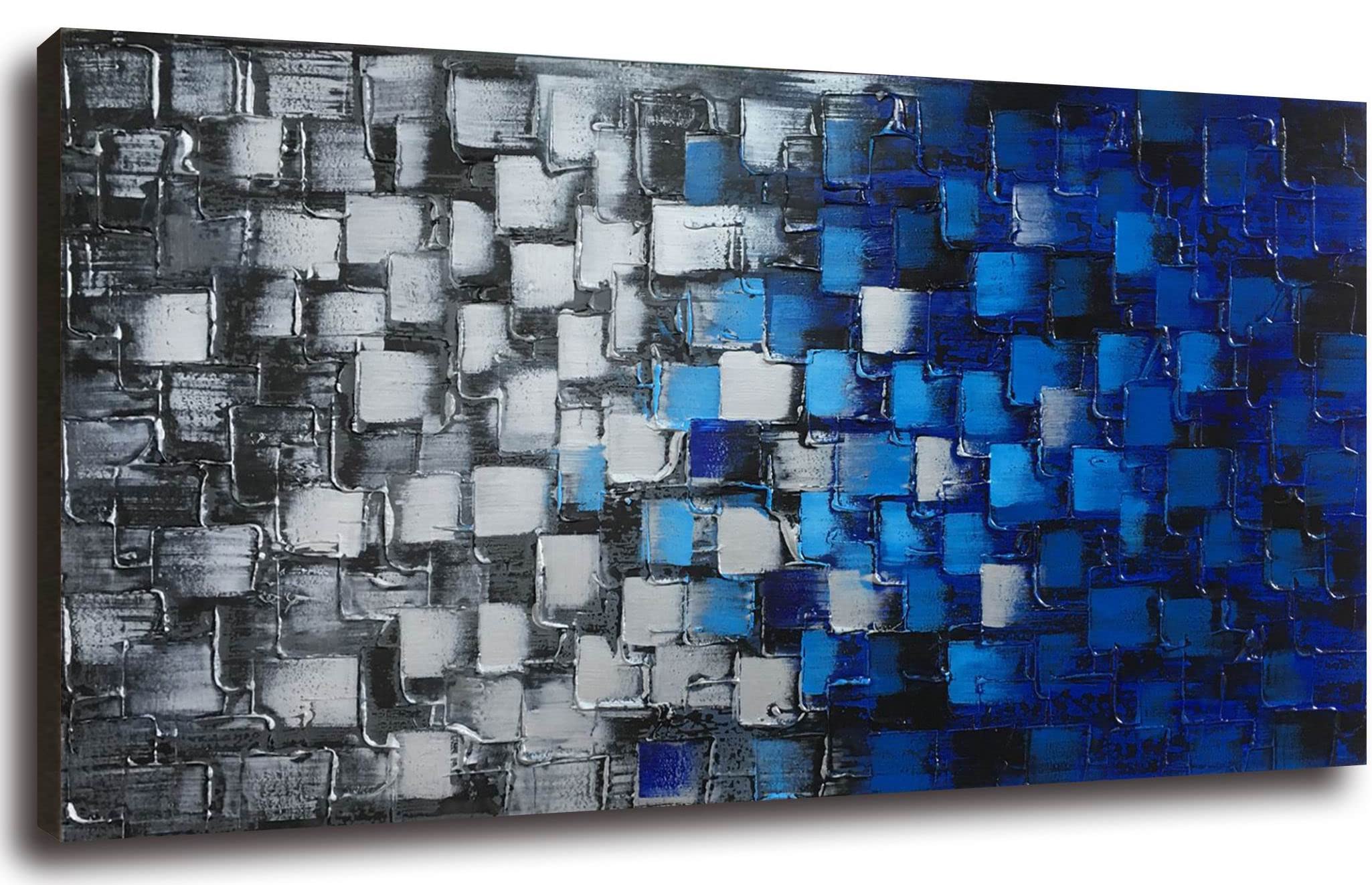 Large Textured Abstract Canvas Wall Art - Hand Painted Modern Dark Blue & Silver Squares Oil Painting - 60x30 Inch Framed Ready to Hang - Perfect for Living Room, Bedroom & Office Decor