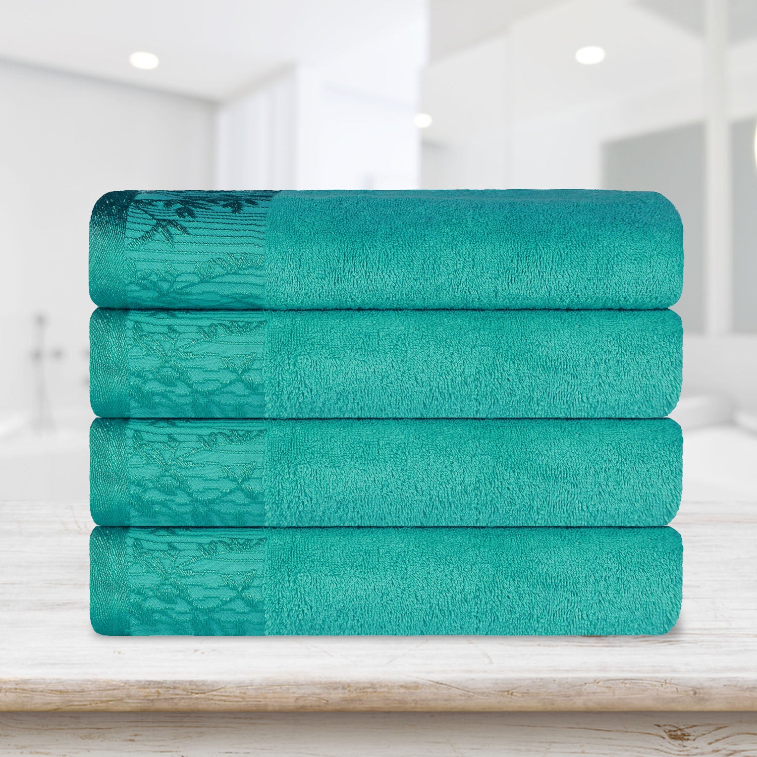 Premium Wisteria Cotton Floral Embroidered Jacquard Border Bath Towel Set of 4 - Ultra Soft & Absorbent Luxury Towels for Spa, Bathroom & Guest Use