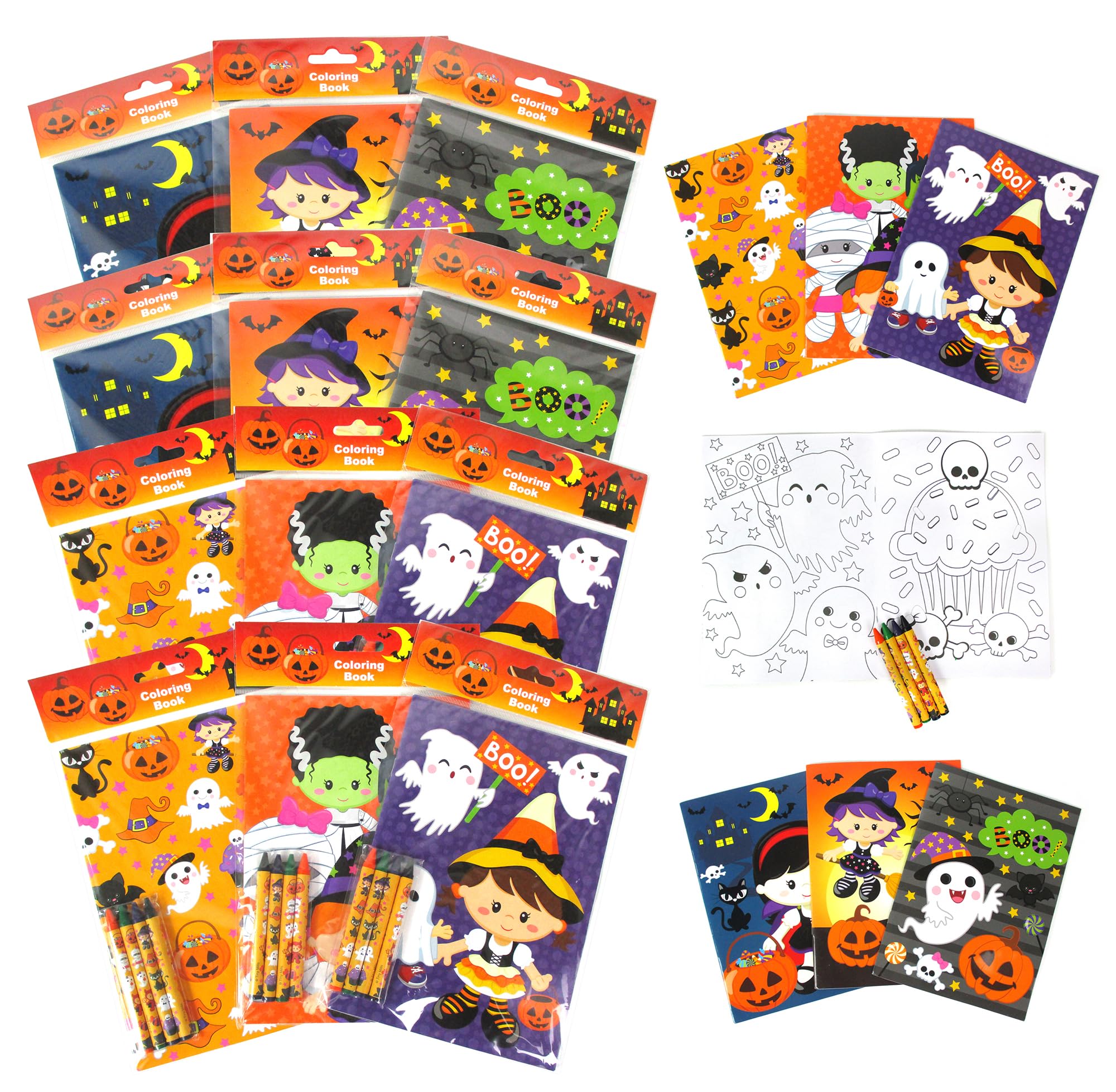 Halloween Coloring Books for Kids - 12 Books & 48 Crayons Set for Party Favors & Crafts
