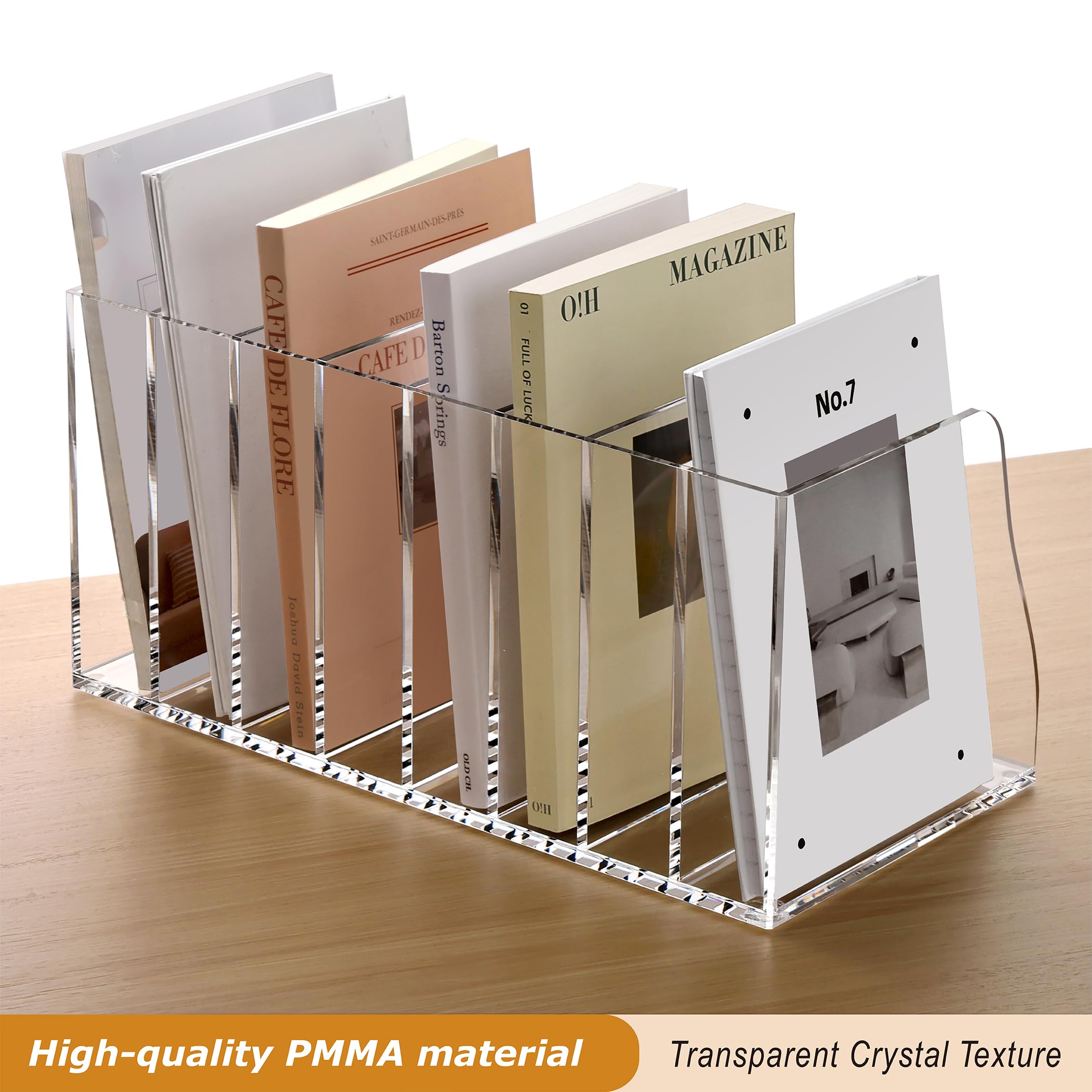 SANRUI Clear Acrylic Desk File Organizer - 8 Vertical Compartments Magazine Holder, Office Document Sorter for Workspace Organization, Perfect for Home Office, School & Office Storage Accessories