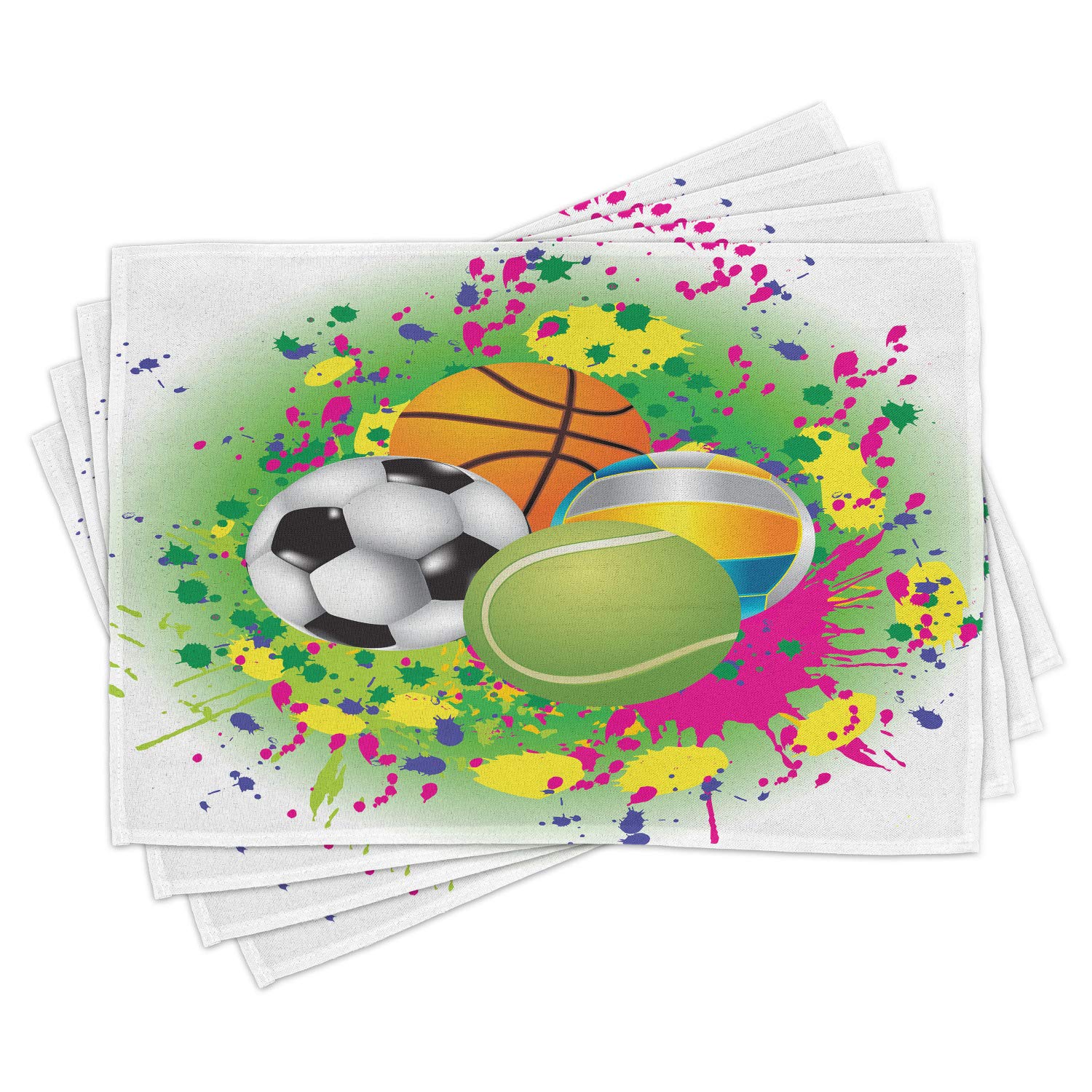 Ambesonne 4-Pack Sports Themed Placemats - Watercolor Splash Design with Vibrant Sports Balls Pattern, Washable Fabric Dining Table Mats for Kids Playroom, Kitchen & Party Decor (Standard Size, Multicolor) - Perfect for Game Day Parties, Family Dinners & Kids' Play Areas