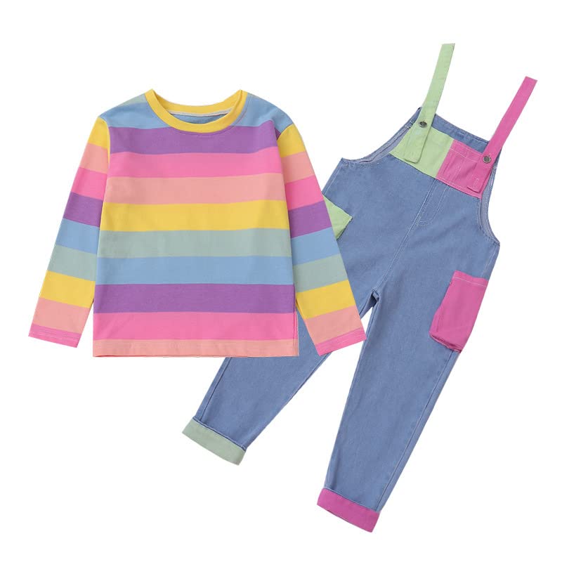 **ASHER FASHION Girls Denim Bib Overalls & T-Shirt Set – Washed Distressed Jeans with Pockets & Cuffed Hem – Cute Outfit for Playdates, School & Casual Wear**