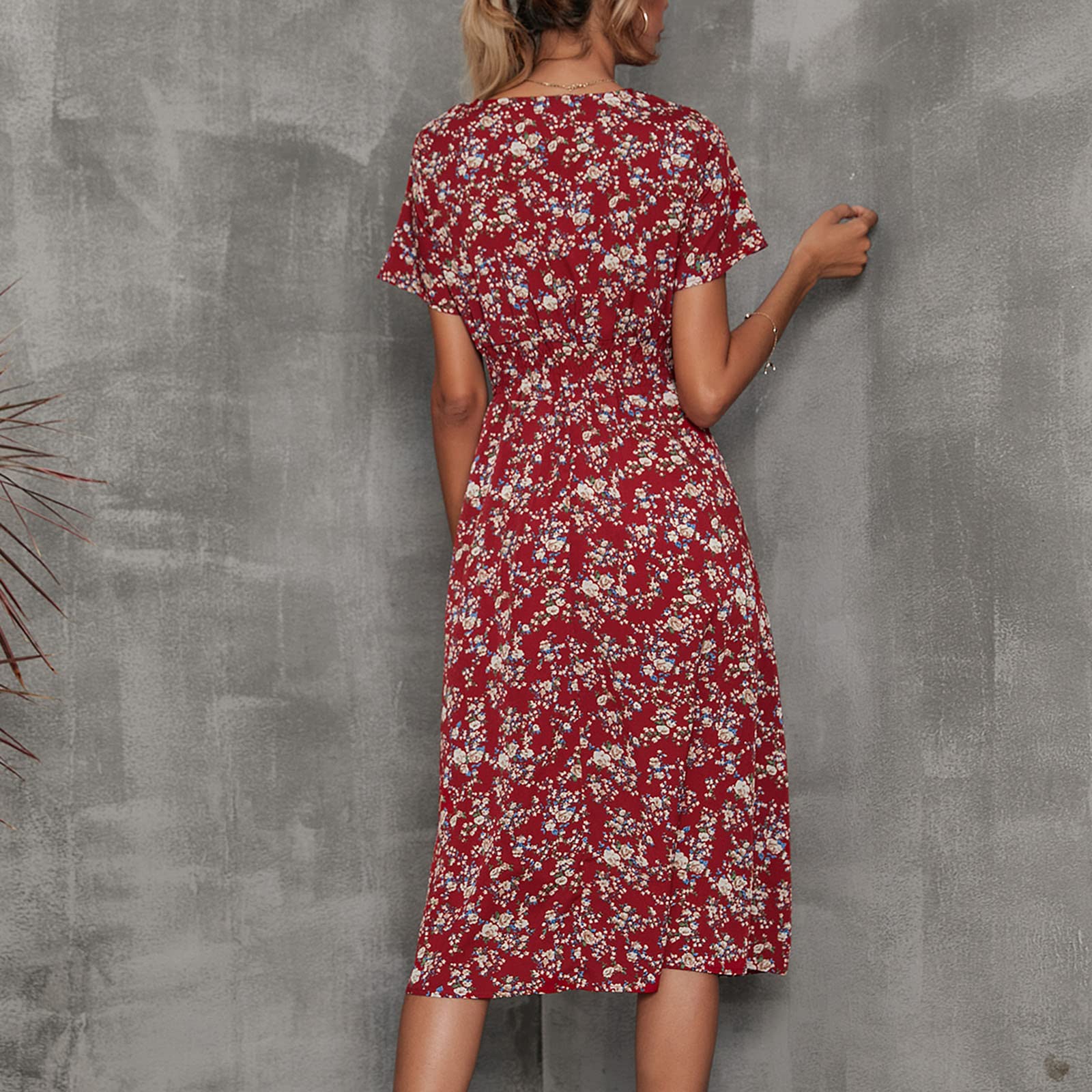 AMhomely Women's Floral Print Casual Dress - Short Sleeve V-Neck Midi Dress for Work, Office & Wedding Guest (Plus Size Available) | Summer Party, Church, Date Night Outfit