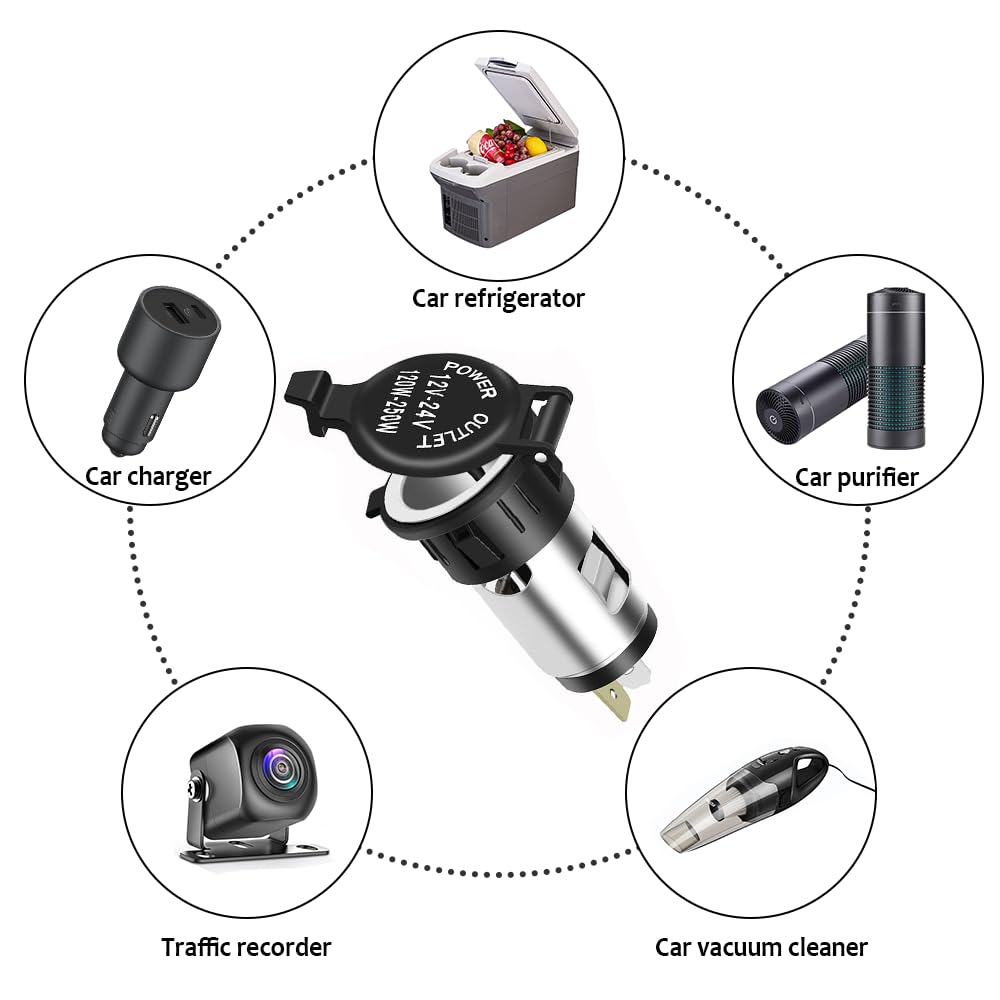 12V Universal Car Cigarette Lighter Socket with Waterproof Cover & Extension Cable - 12V Power Outlet for Cars, SUVs, Trucks (1 Pack) - Perfect for Charging Phones, GPS, Dash Cams & Car Accessories