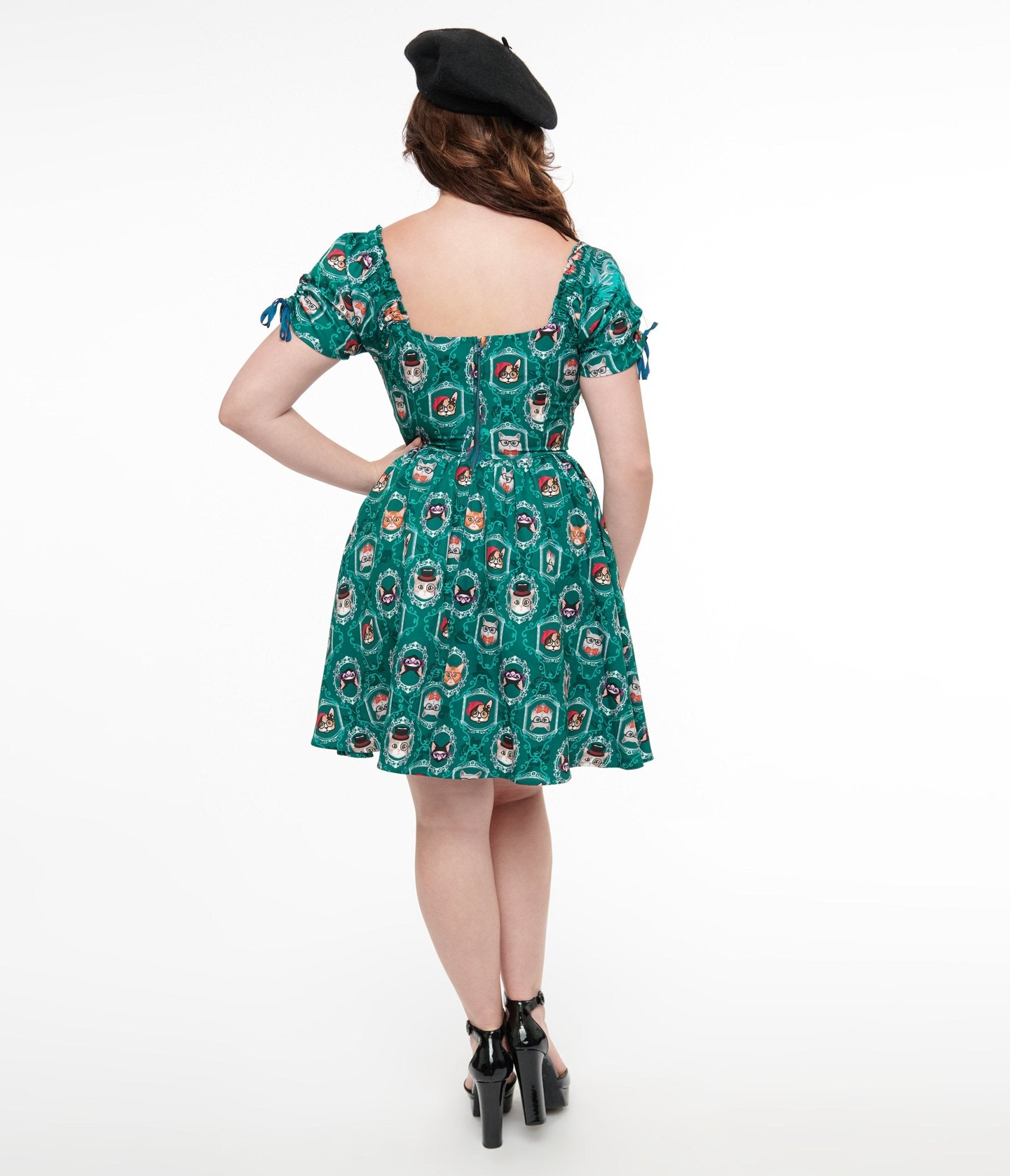 Vintage 1950s Teal Cat Print Swing Dress - Retro A-Line Cocktail Dress for Women | Perfect for Themed Parties, Vintage Events & Everyday Retro Style