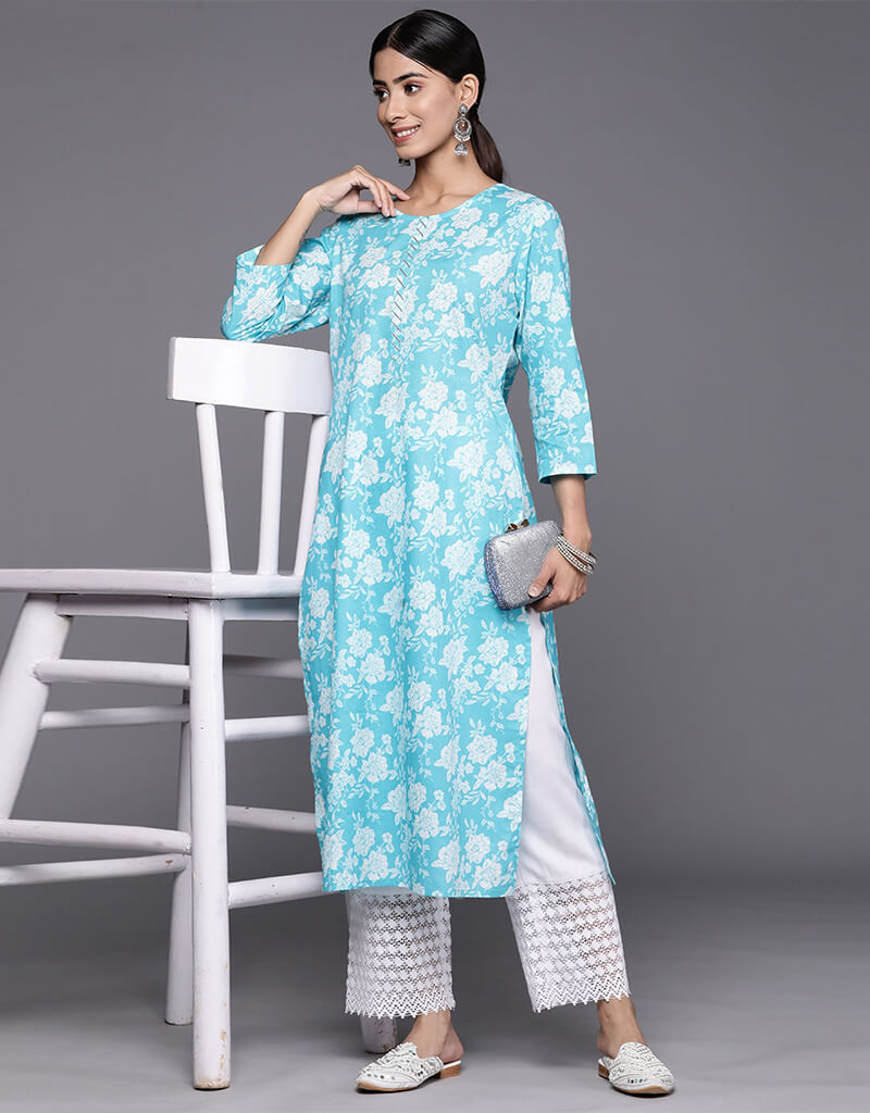 Coral Blue Cotton Straight Pants for Women - Comfortable Casual Trousers for Office, Travel & Everyday Wear