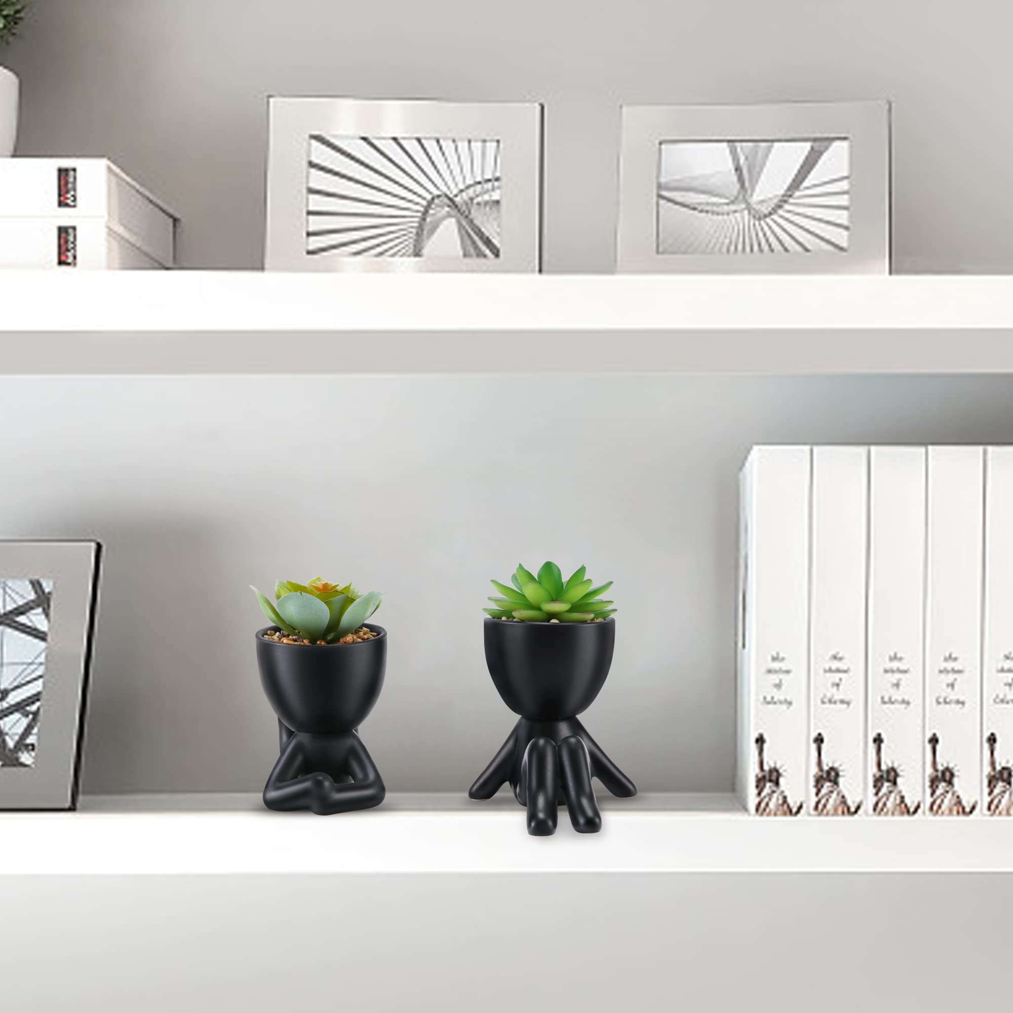 Artificial Succulent Plants in Black Modern Human-Shaped Ceramic Pots - Mini Fake Succulents for Desk Decor, Office, Bathroom & Home Decor - Set of 2 Cute Desk Plants for Women - Perfect for Workspace, Living Room & Gift Ideas