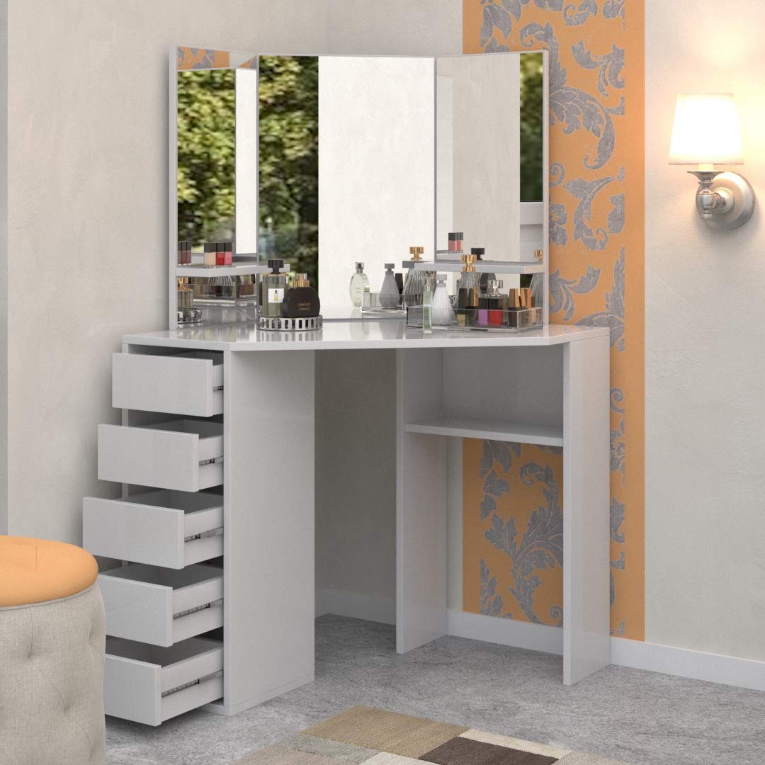 Victoria White Corner Makeup Vanity Table with 3 Mirrors & 5 Drawers - Elegant Dressing Table for Bedroom, Perfect for Makeup Application, Skincare Routine & Jewelry Organization