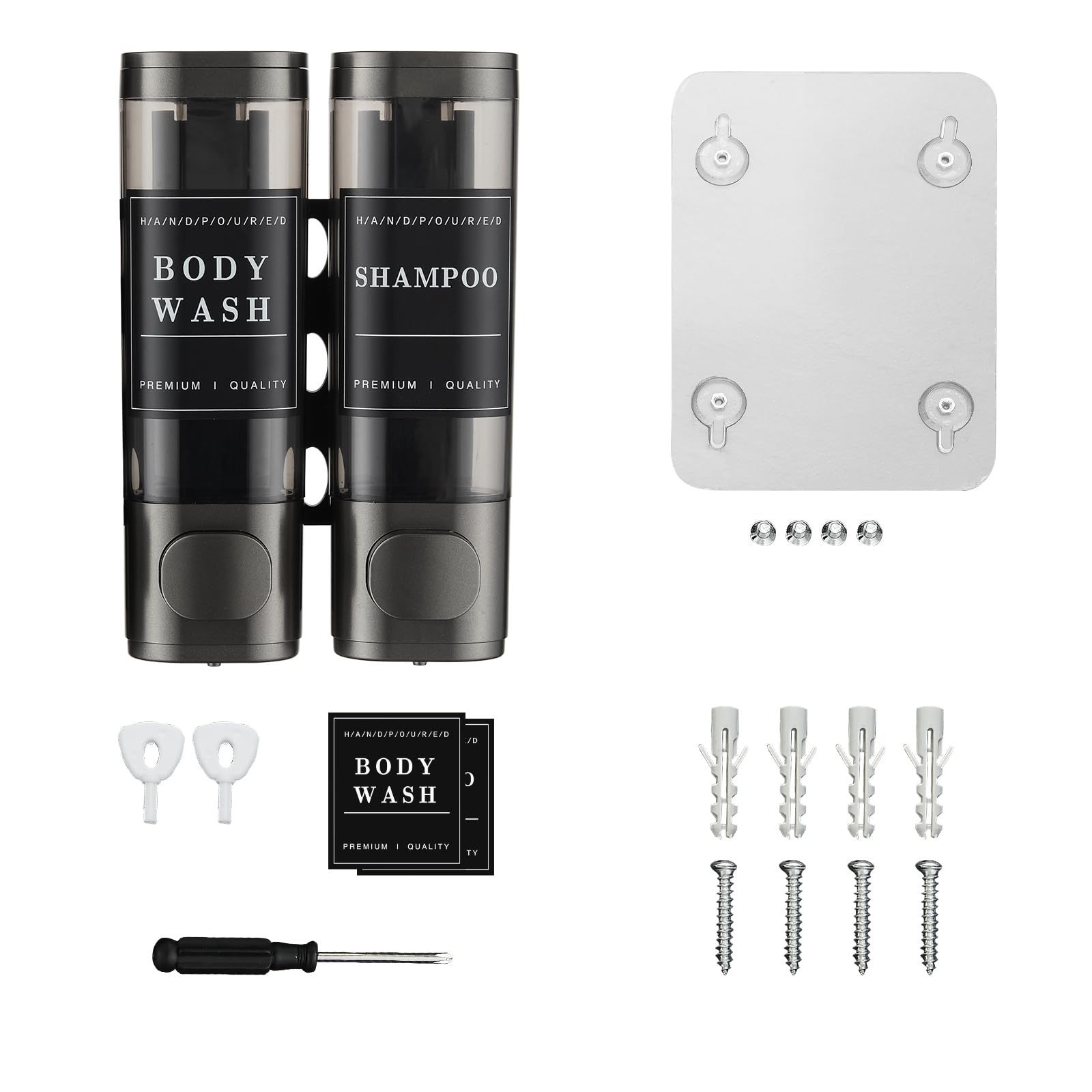 2-Chamber No Drill Wall-Mounted Shower Soap Dispenser - Shampoo & Conditioner Dispenser for Bathroom, Hotel - Large Capacity Dark Gray - Perfect for Spa-Like Showers & Clutter-Free Bathroom Organization