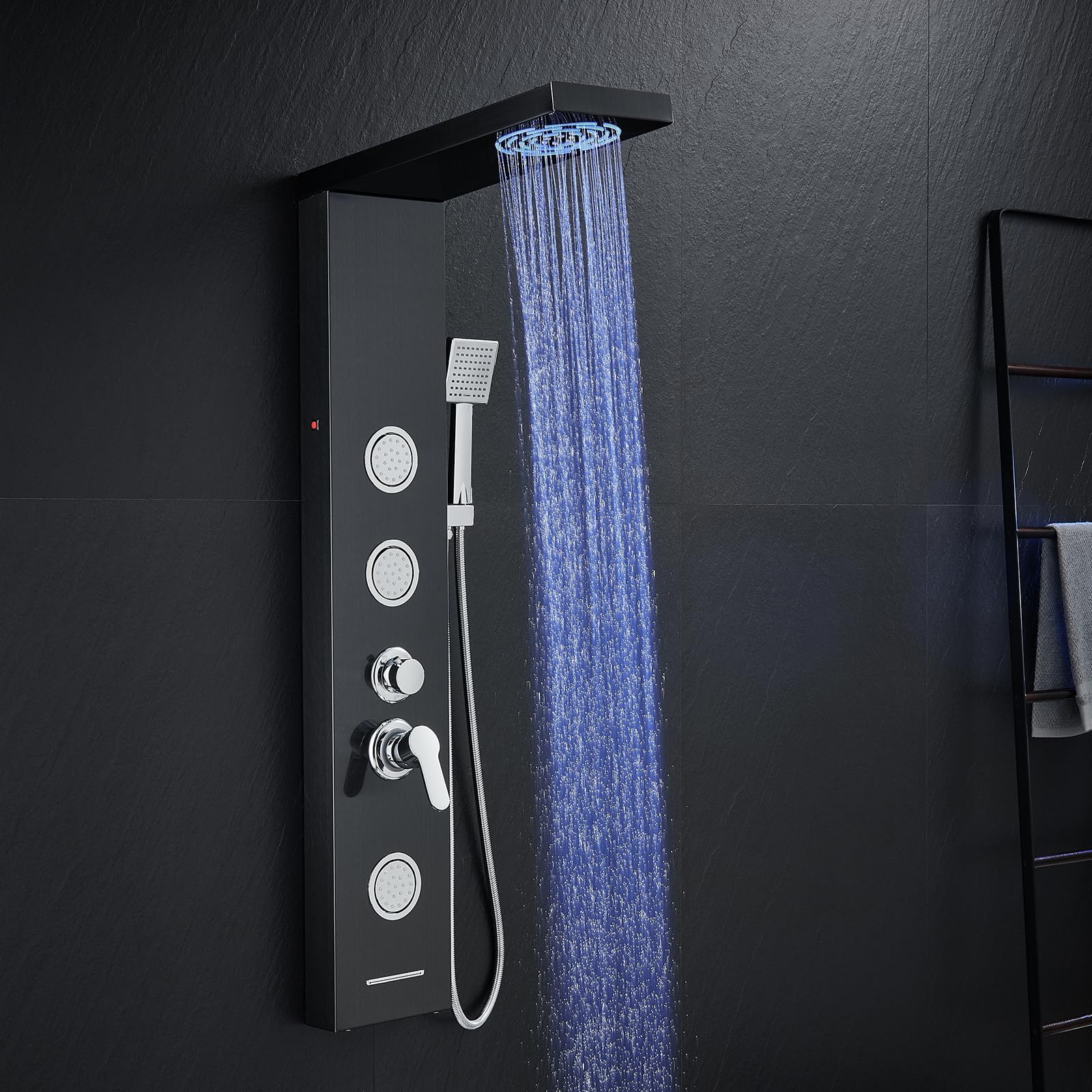 ROVATE 5-in-1 LED Shower Panel Tower System with Rainfall, Mist, Jets & Handheld Shower - High Pressure Stainless Steel Shower Panel with Tub Spout - Perfect for Modern Bathroom & Spa Experience (Black)