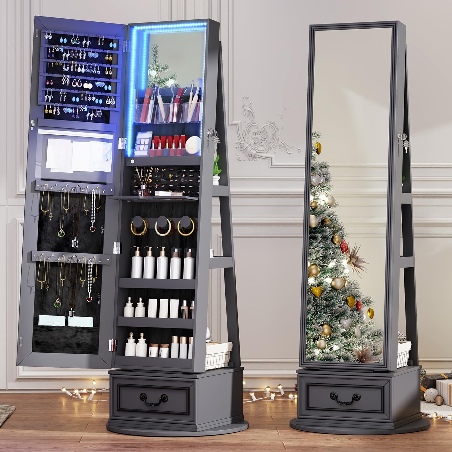 360° Swivel Jewelry Armoire with Full-Length Mirror & LED Lights - Lockable Standing Jewelry Cabinet with Foldable Makeup Shelf (Grey) - Perfect for Bedroom, Dressing Room & Closet Organization