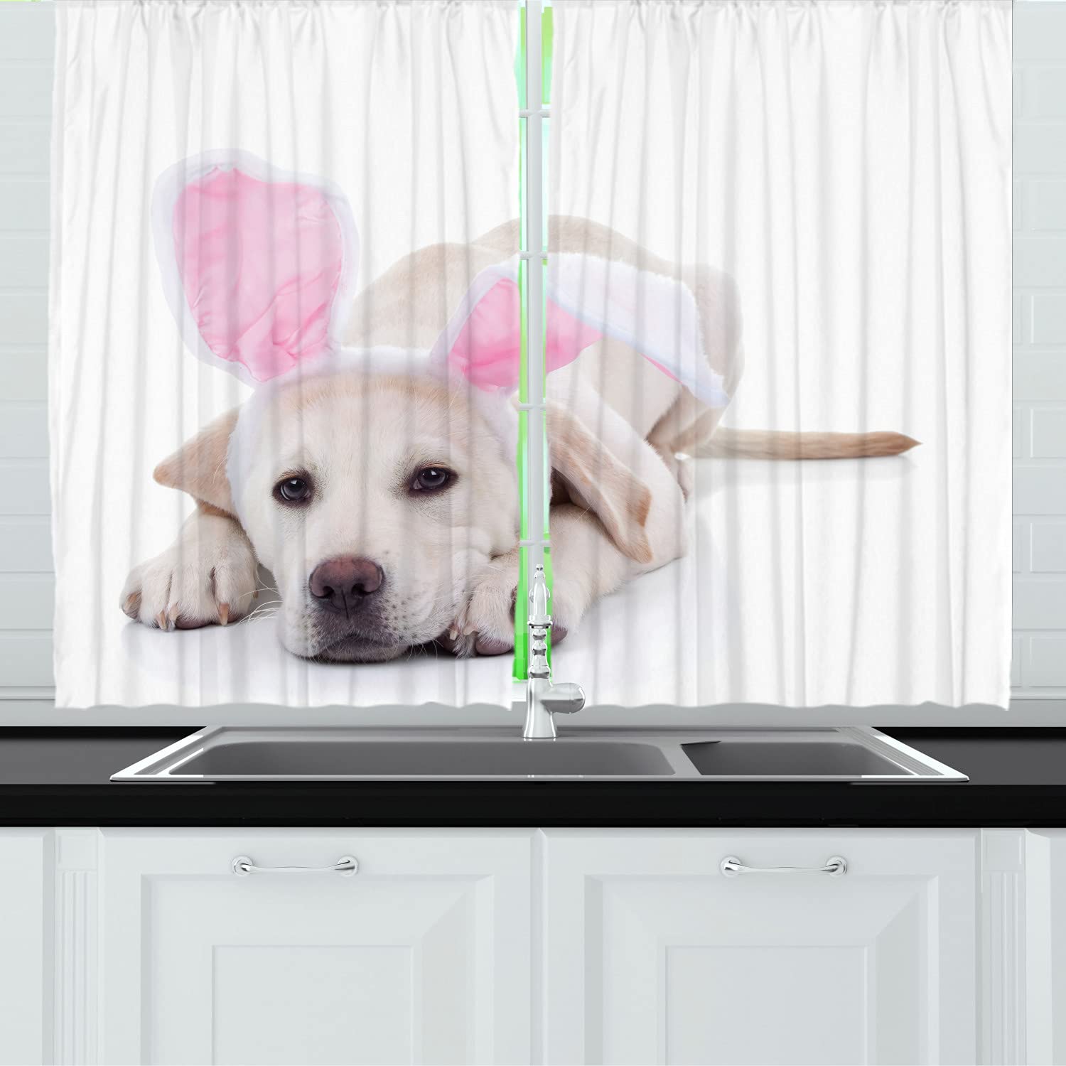 Ambesonne Yellow Lab Kitchen Curtains - Funny Easter Bunny Labrador Terrier Print, 2 Panel Rod Pocket Drapes 55x45 Inches, Pearl Pink White - Perfect for Farmhouse, Easter & Dog Lover Home Decor
