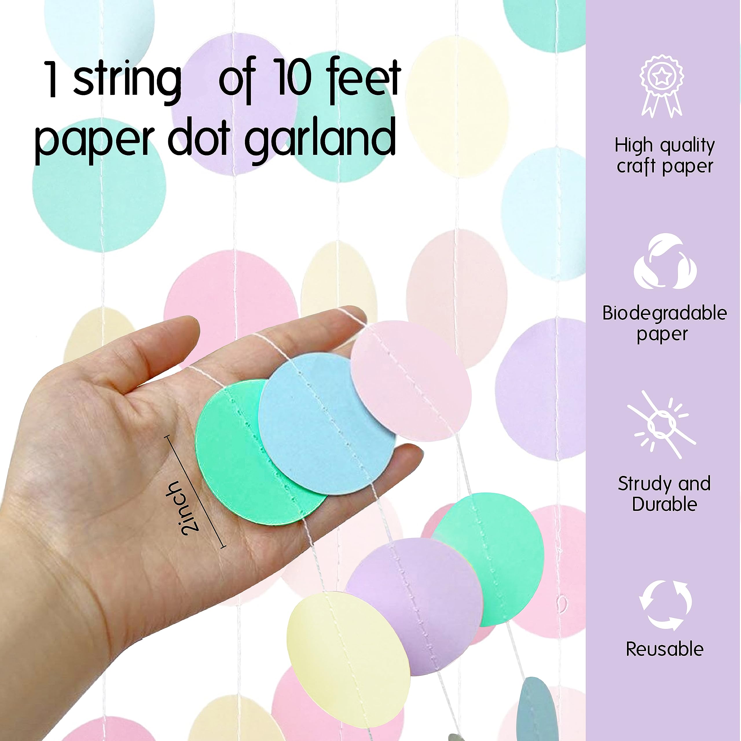 Circle Dots Paper Party Garland Streamer - 10ft Rainbow Pastel Backdrop Decor for Birthday, Baby Shower & Wedding Decorations
