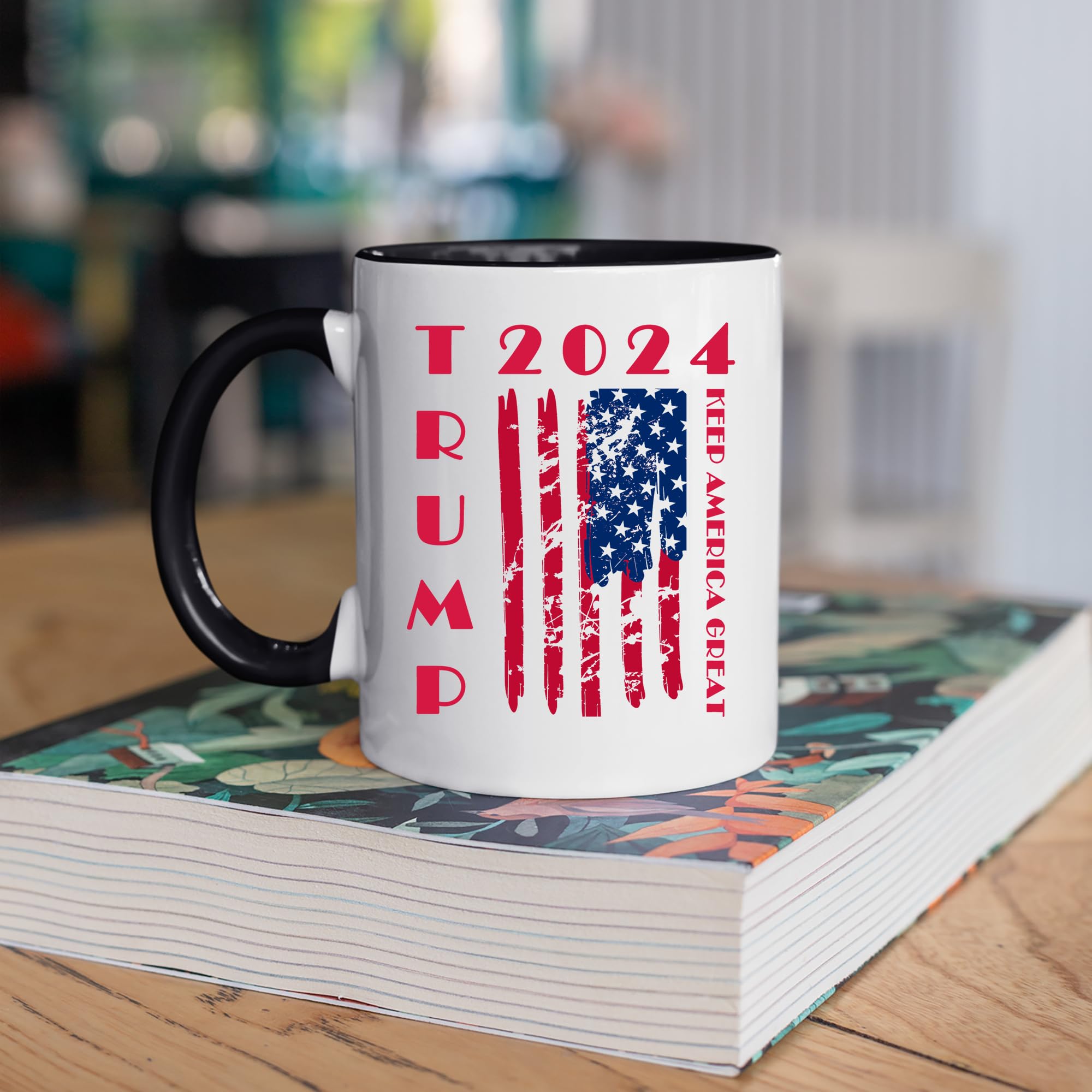 Kropsis Trump 2024 USA Flag Ceramic Coffee Mug - 15oz Black Political Campaign Travel Mug - Perfect for Home, Office & Conservative Gift Giving