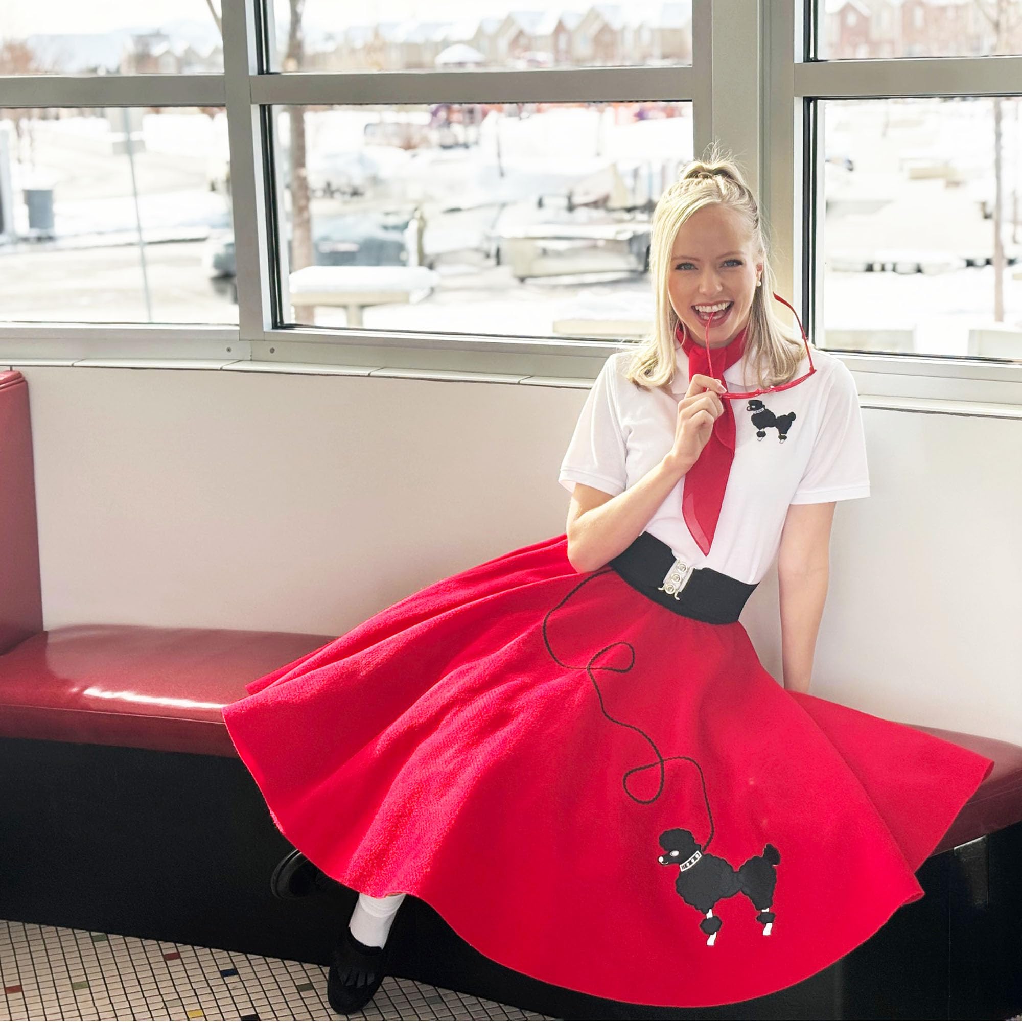 Vintage 1950s Poodle Skirt Costume Set for Women - 7 Piece Outfit with Petticoat, Polo Shirt & Retro Accessories | 50s Sock Hop, Halloween Party & Themed Dance Costume
