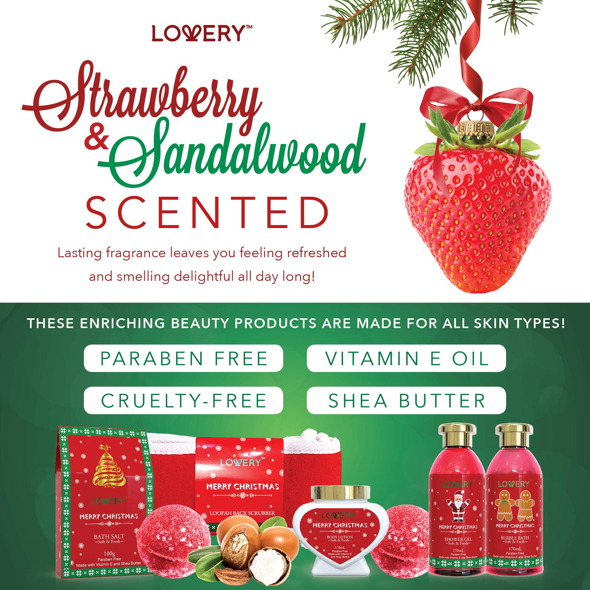 Luxury Christmas Bath & Body Gift Basket for Women - Strawberry & Sandalwood Scented Holiday Spa Set with Body Lotion, Bath Bombs, Bath Salts & Woven Basket | Perfect Holiday Gift for Her, Birthday Present, Relaxing Home Spa Night